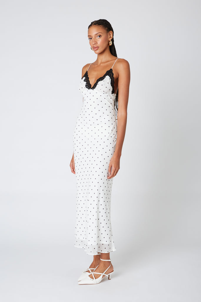 Jasmine Dress in white polka dot side view