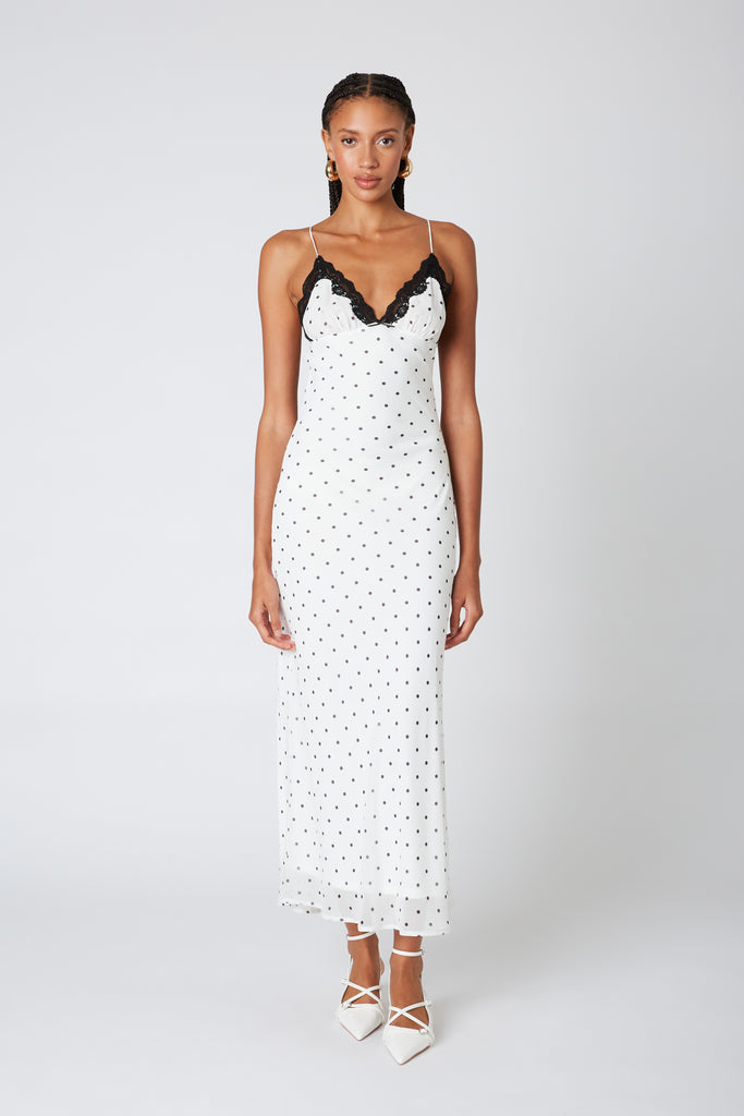 Jasmine Dress in white polka dot front view