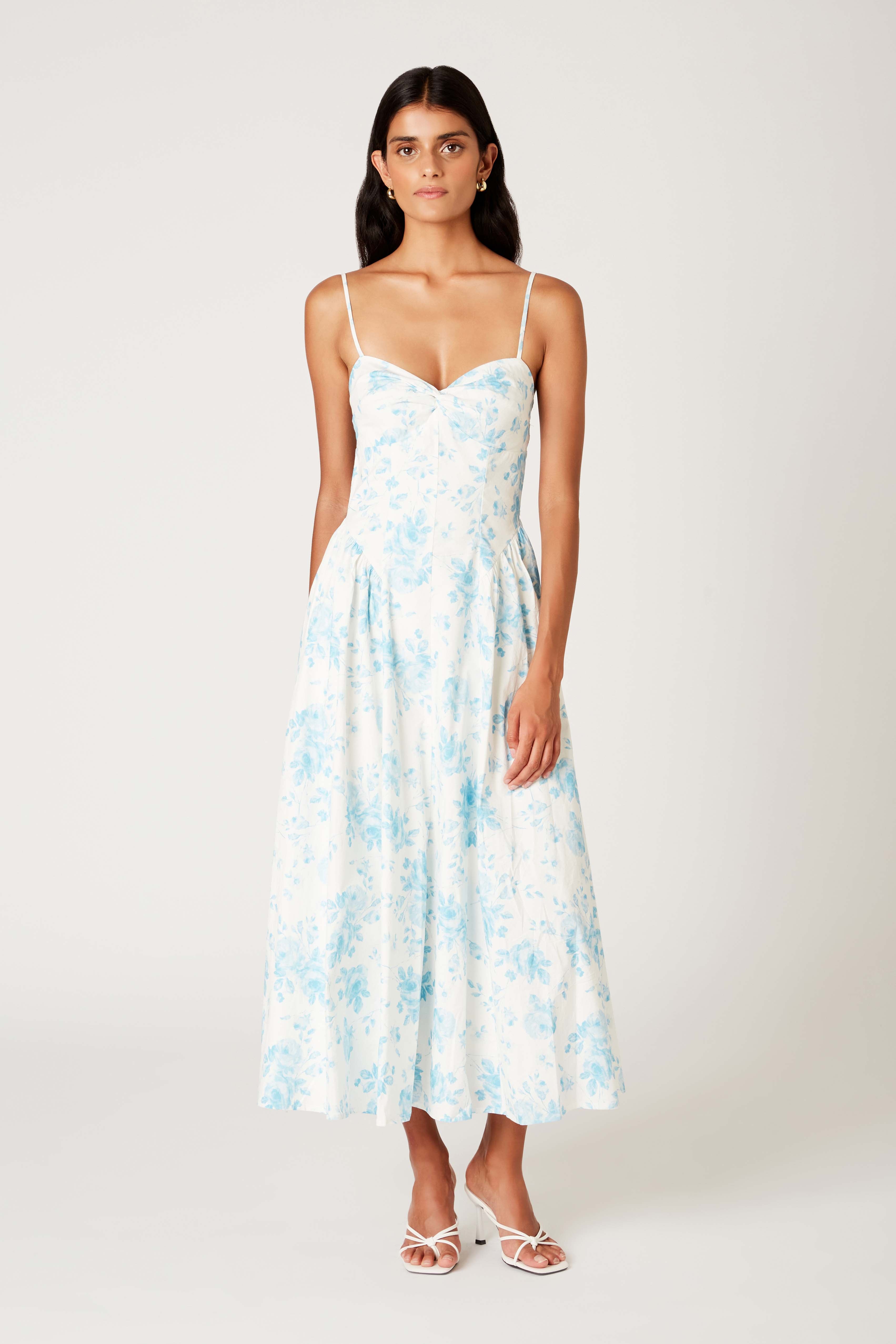 Destene Dress in blue/white front view