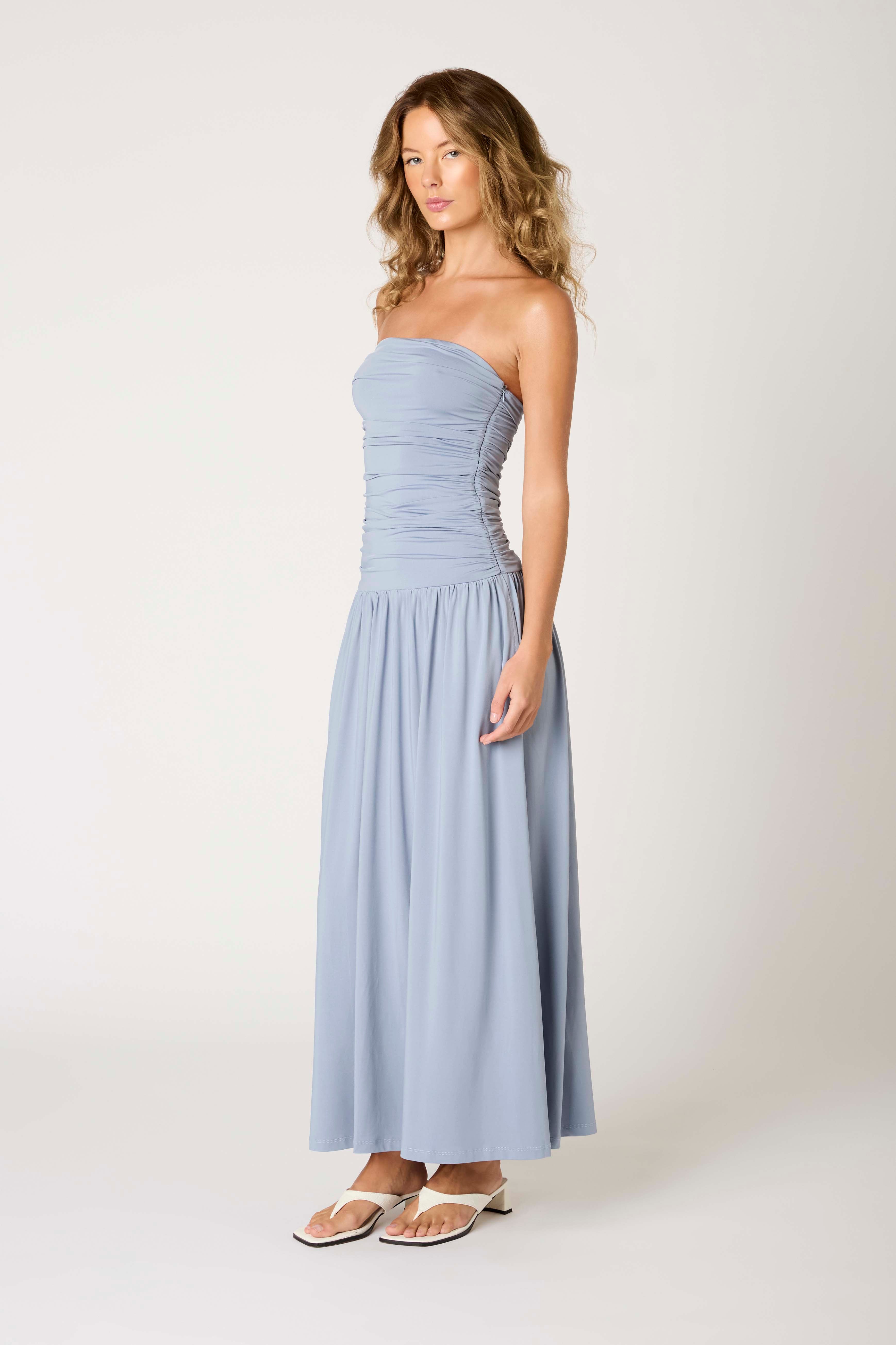 Santal Dress in slate blue side view