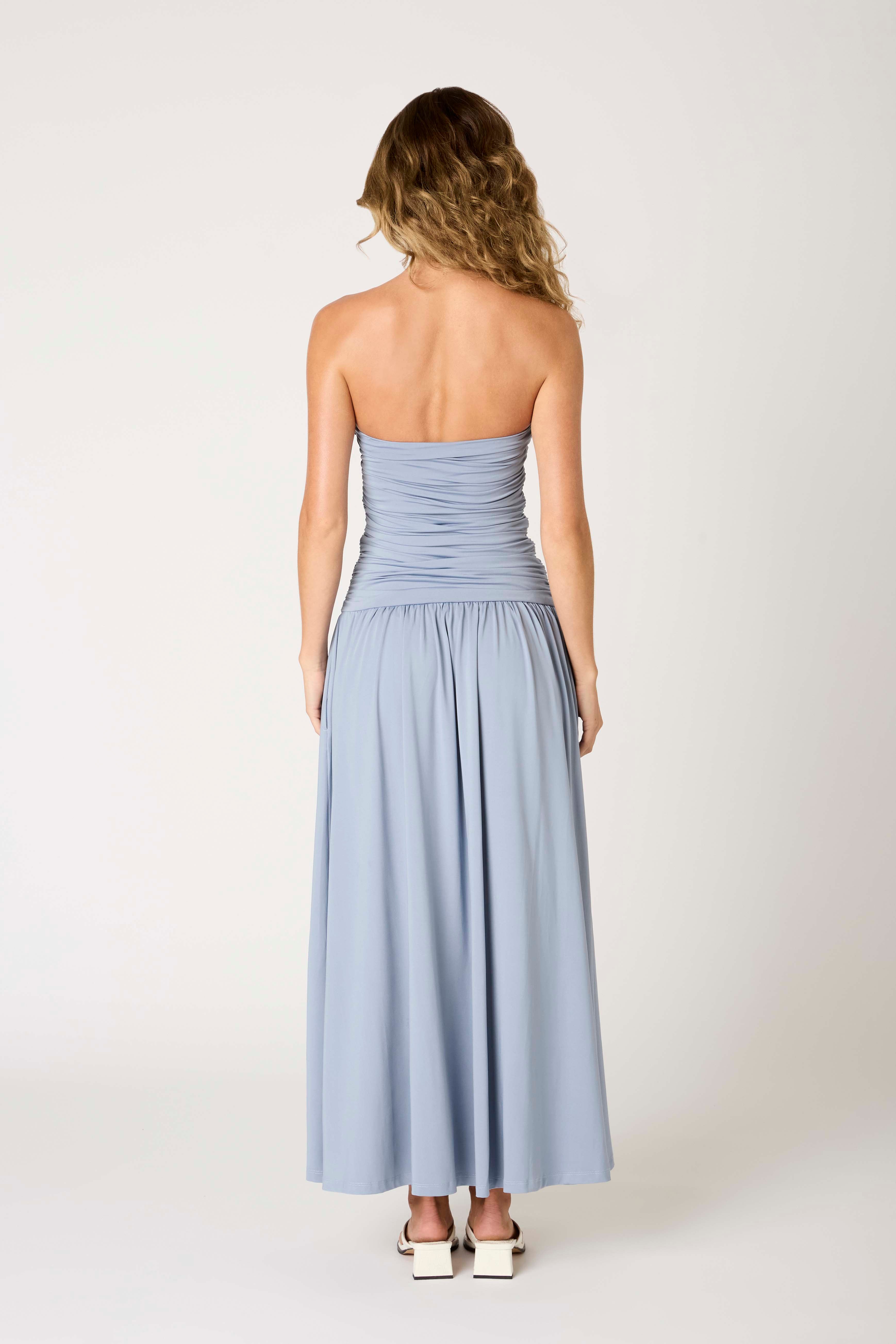 Santal Dress in slate blue back view