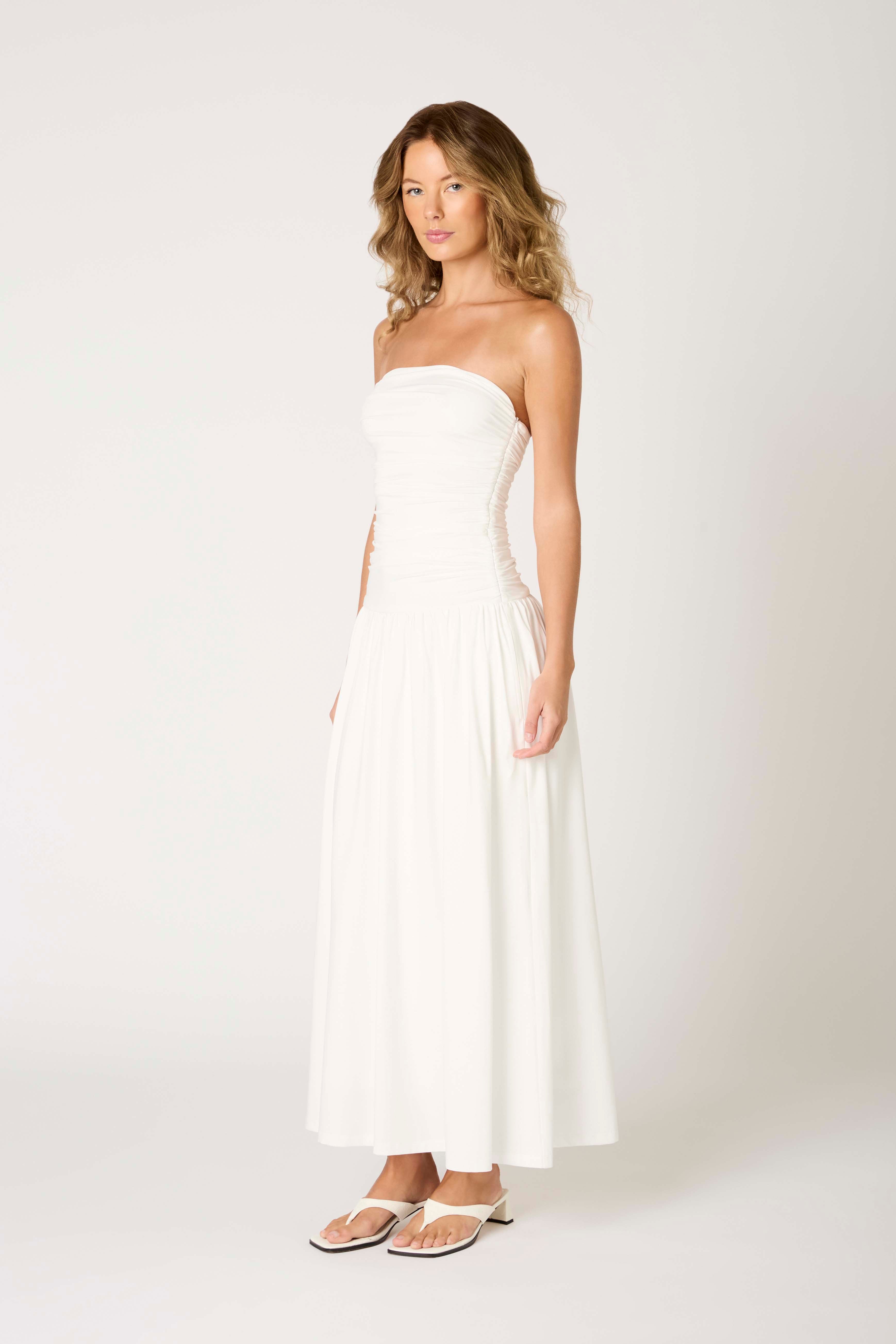 santal drop waist maxi dress NIA Santal Jersey Strapless Ruched Bodice Drop Waist Maxi Dress