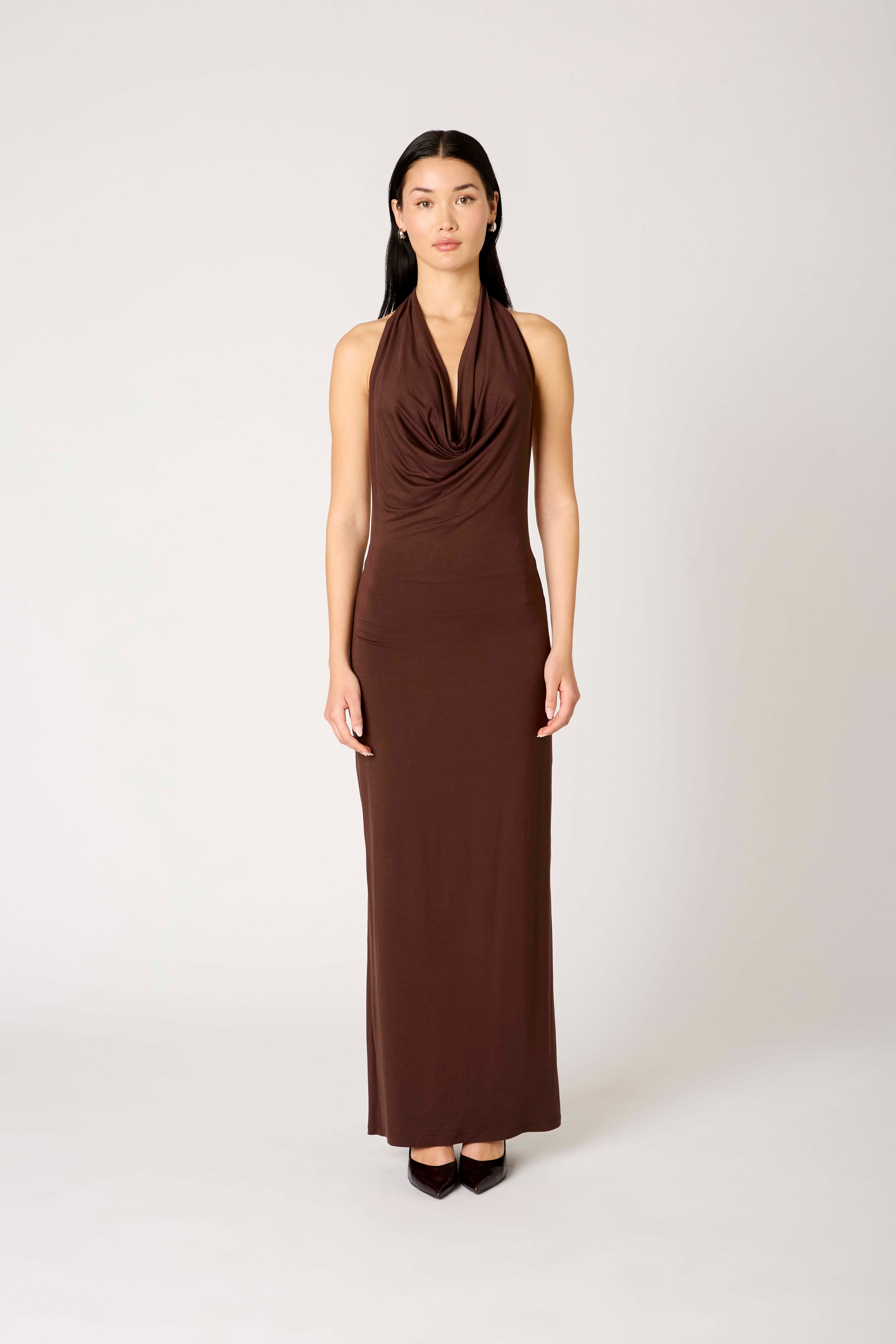 Xenia Dress in chocolate front view