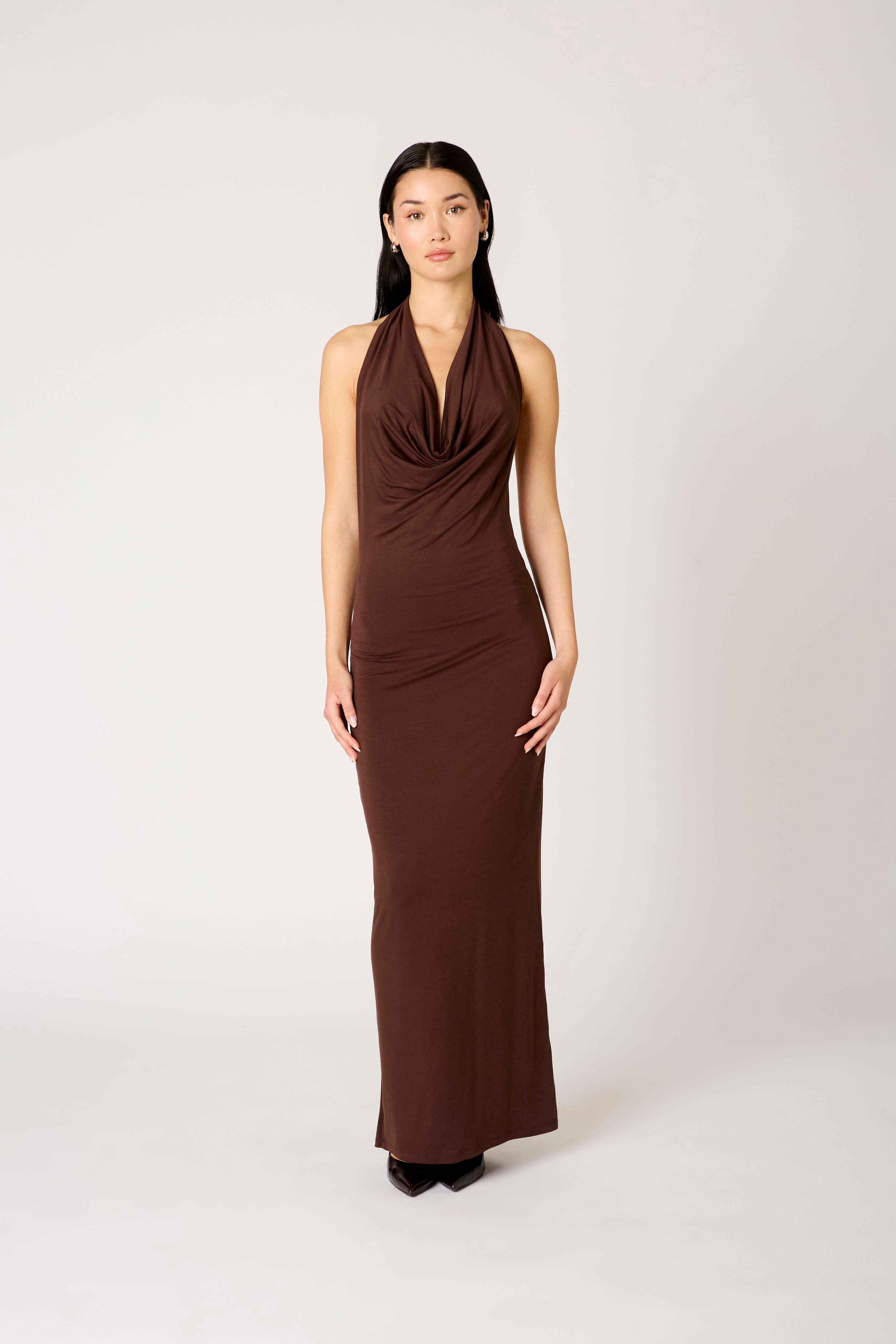 Xenia Dress in chocolate front view