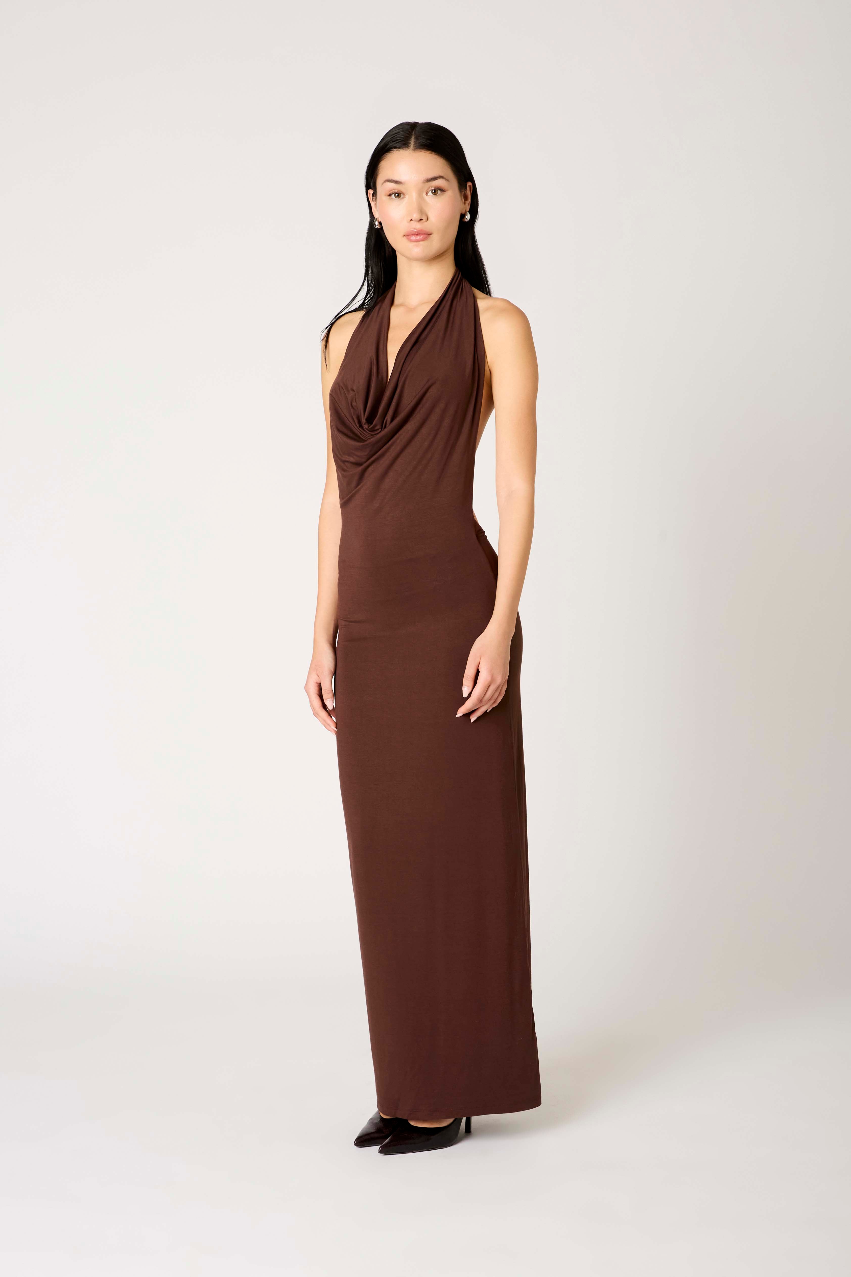 Xenia Dress in chocolate side view