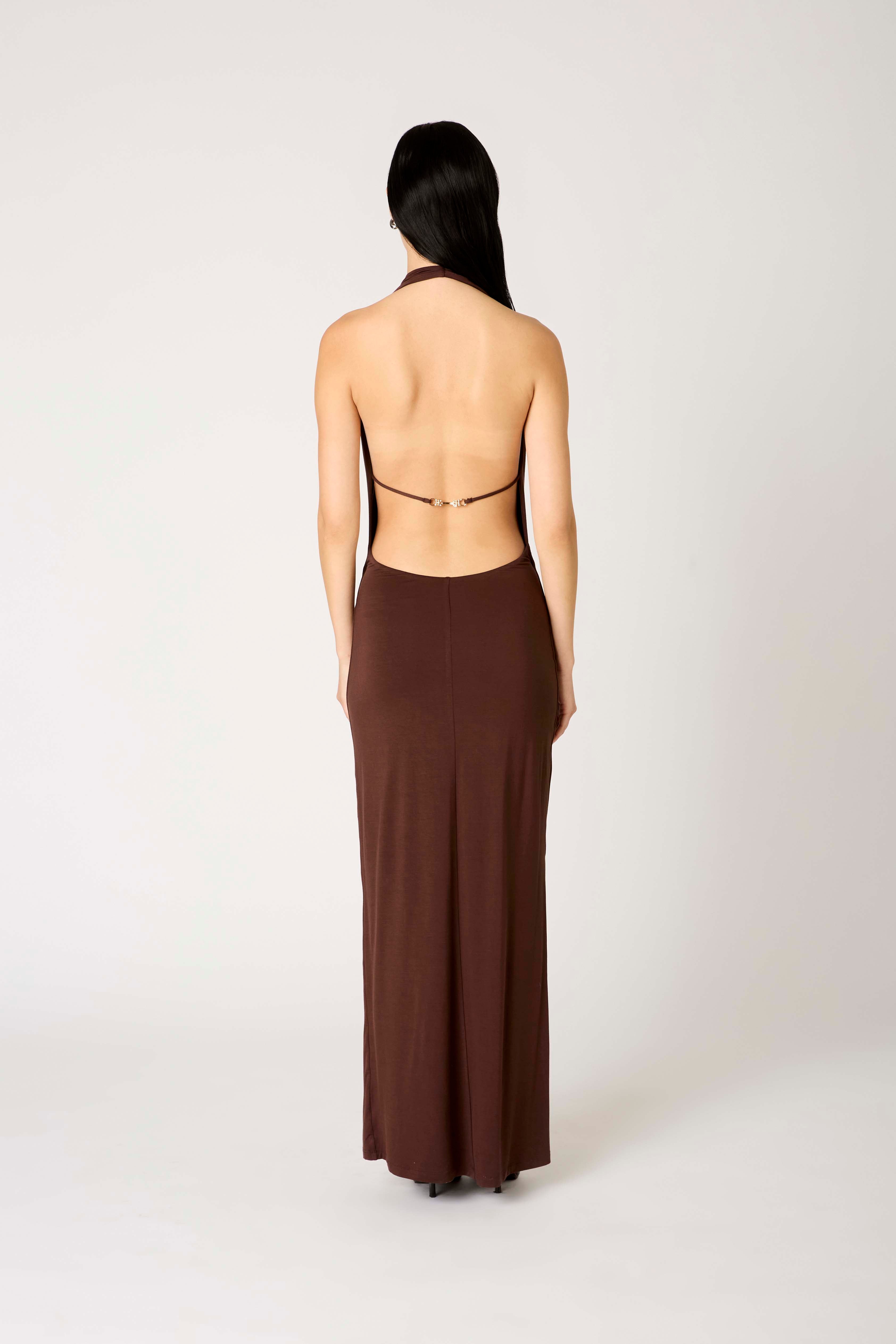 Xenia Dress in chocolate back view