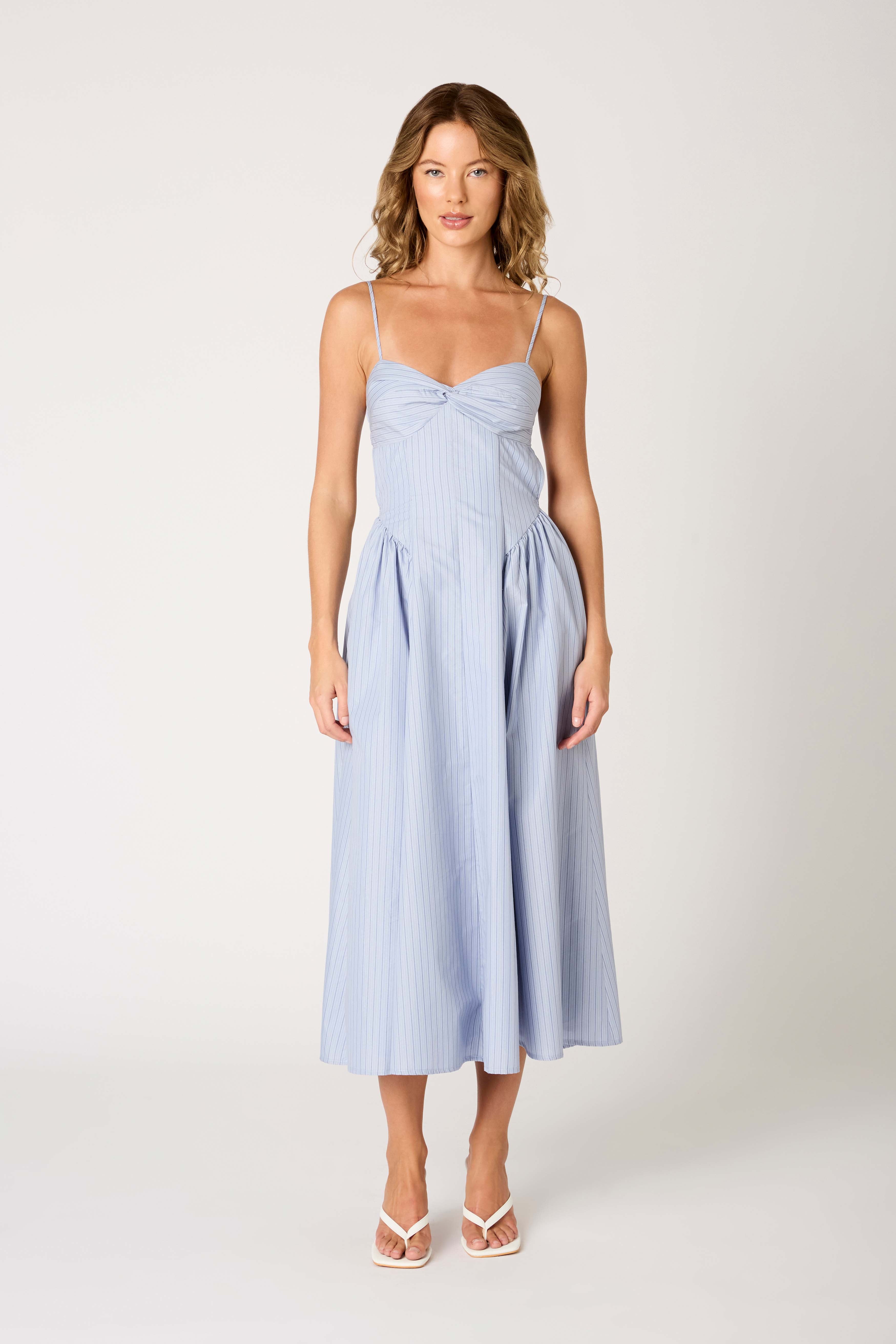Destene Dress in slate blue front view