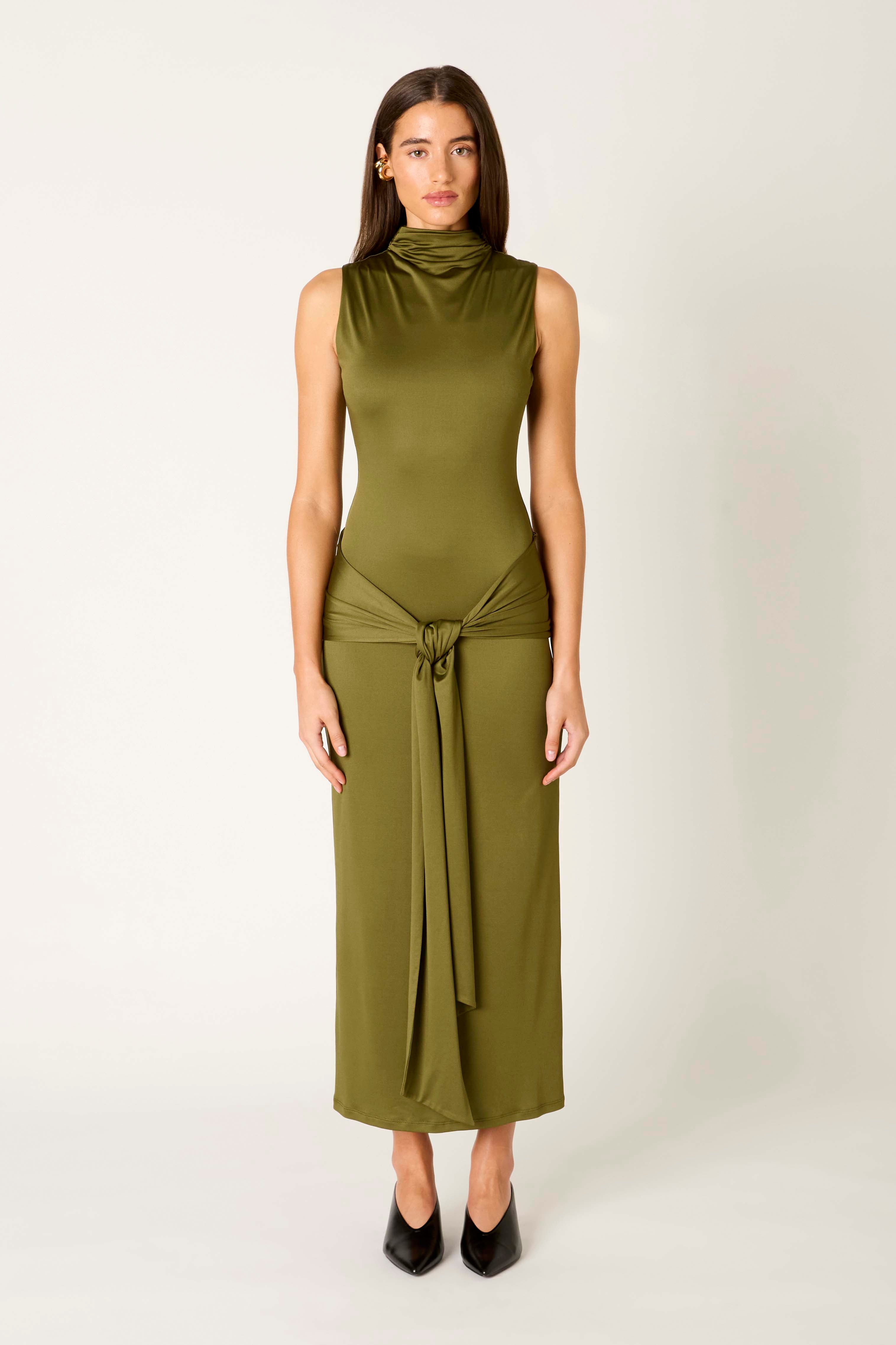 Victoria Dress in olive front view