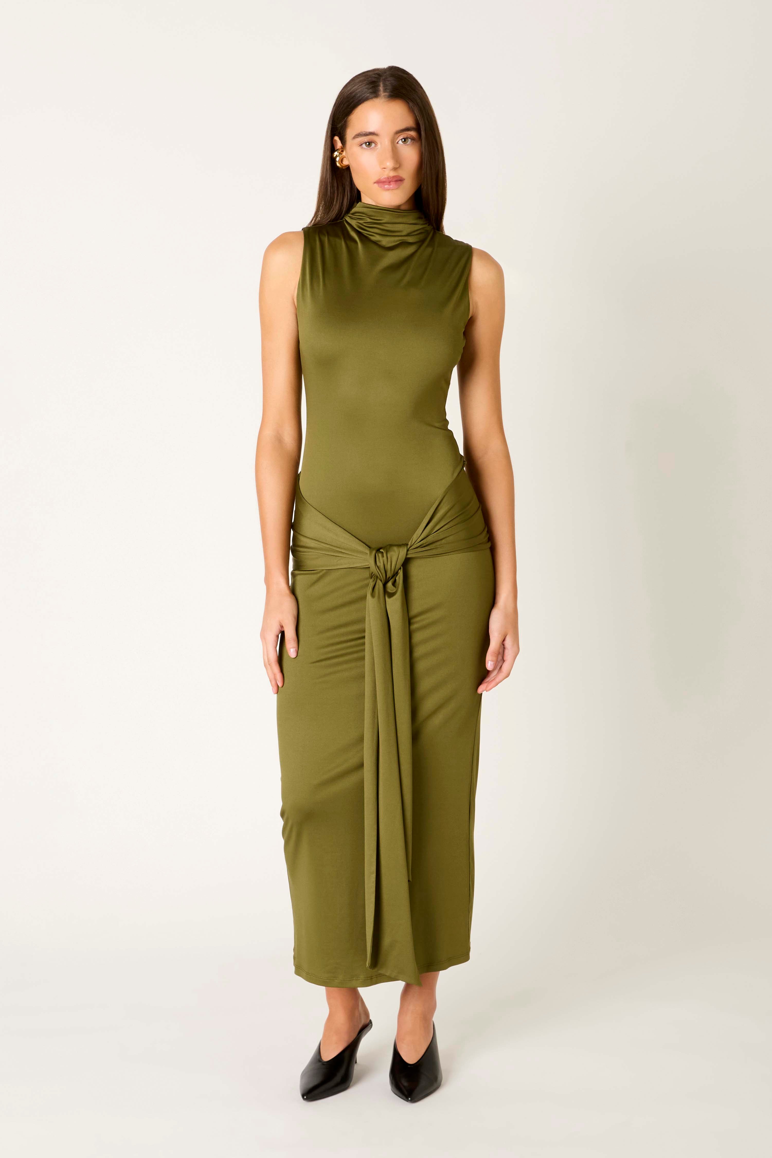 Victoria Dress in olive front view