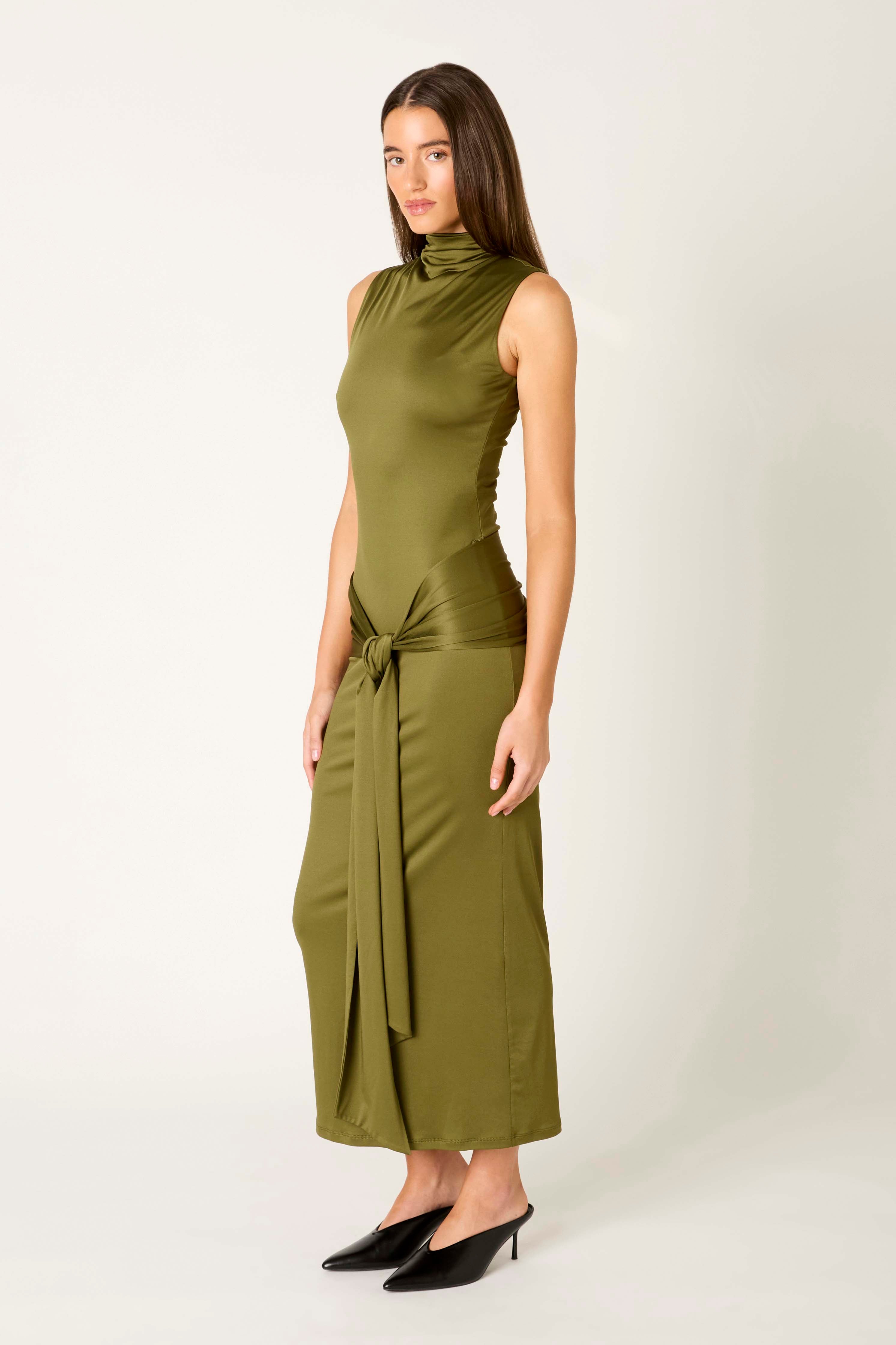 Victoria Dress in olive side view