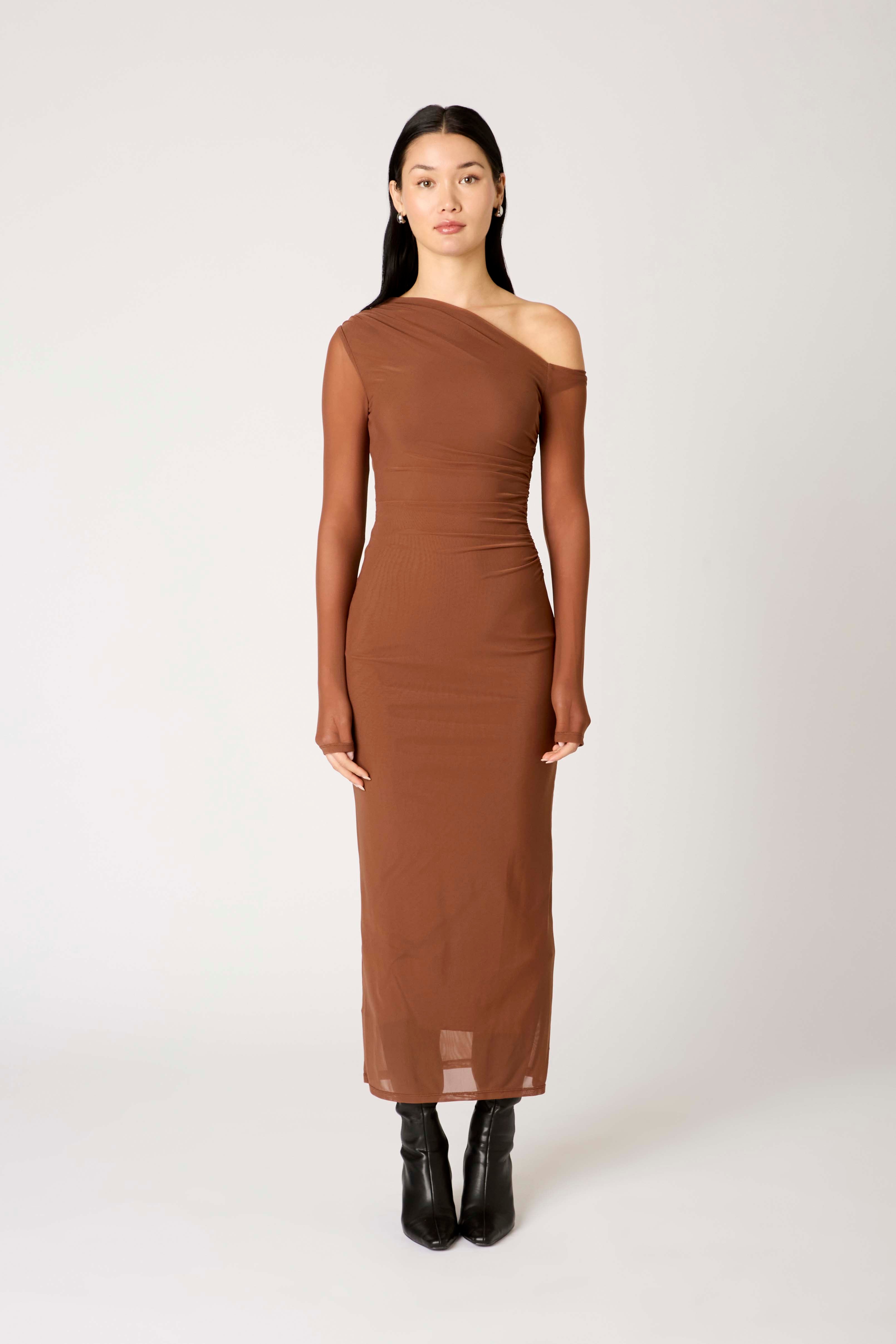 Lyra Dress in truffle front view