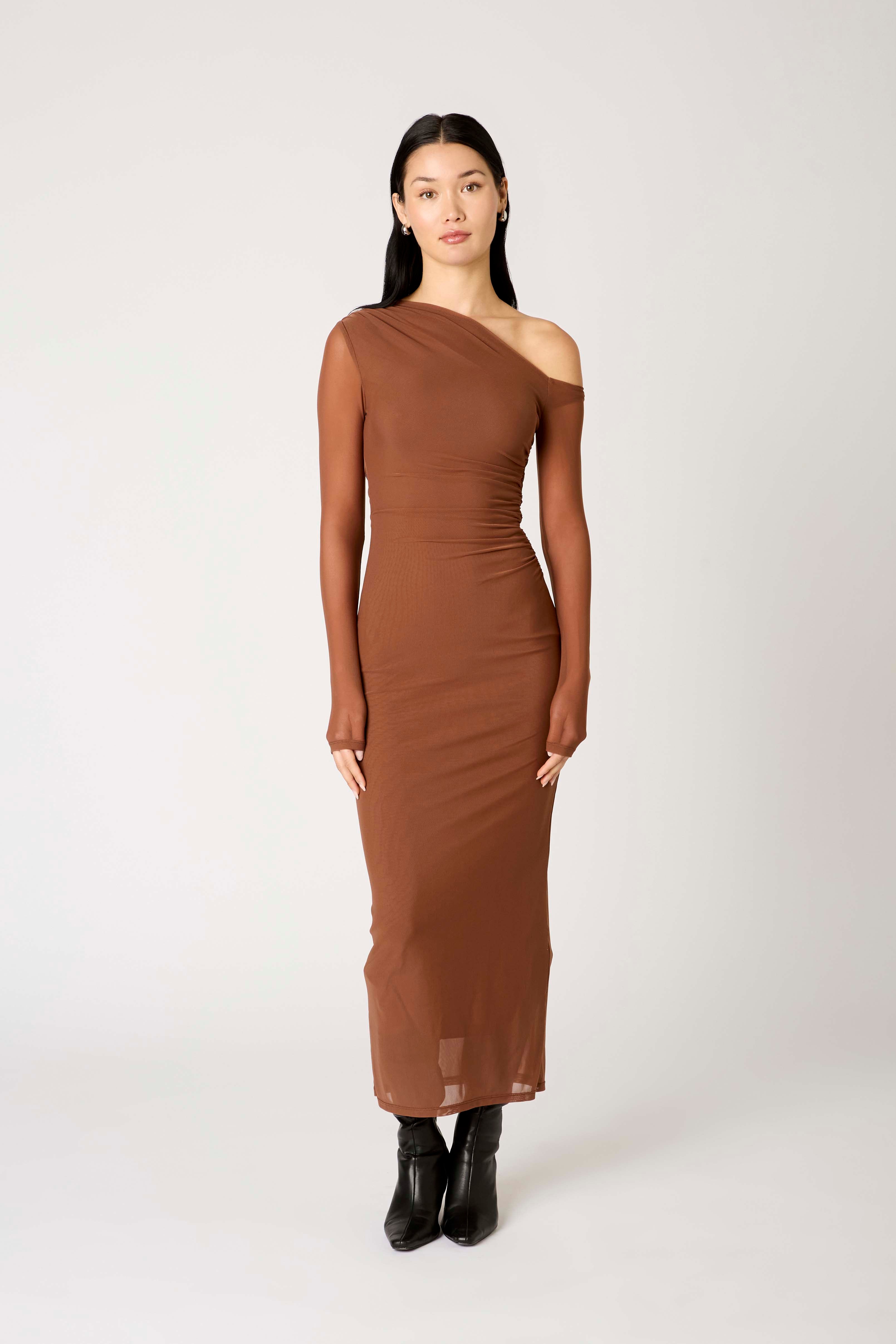 Lyra Dress in truffle front view