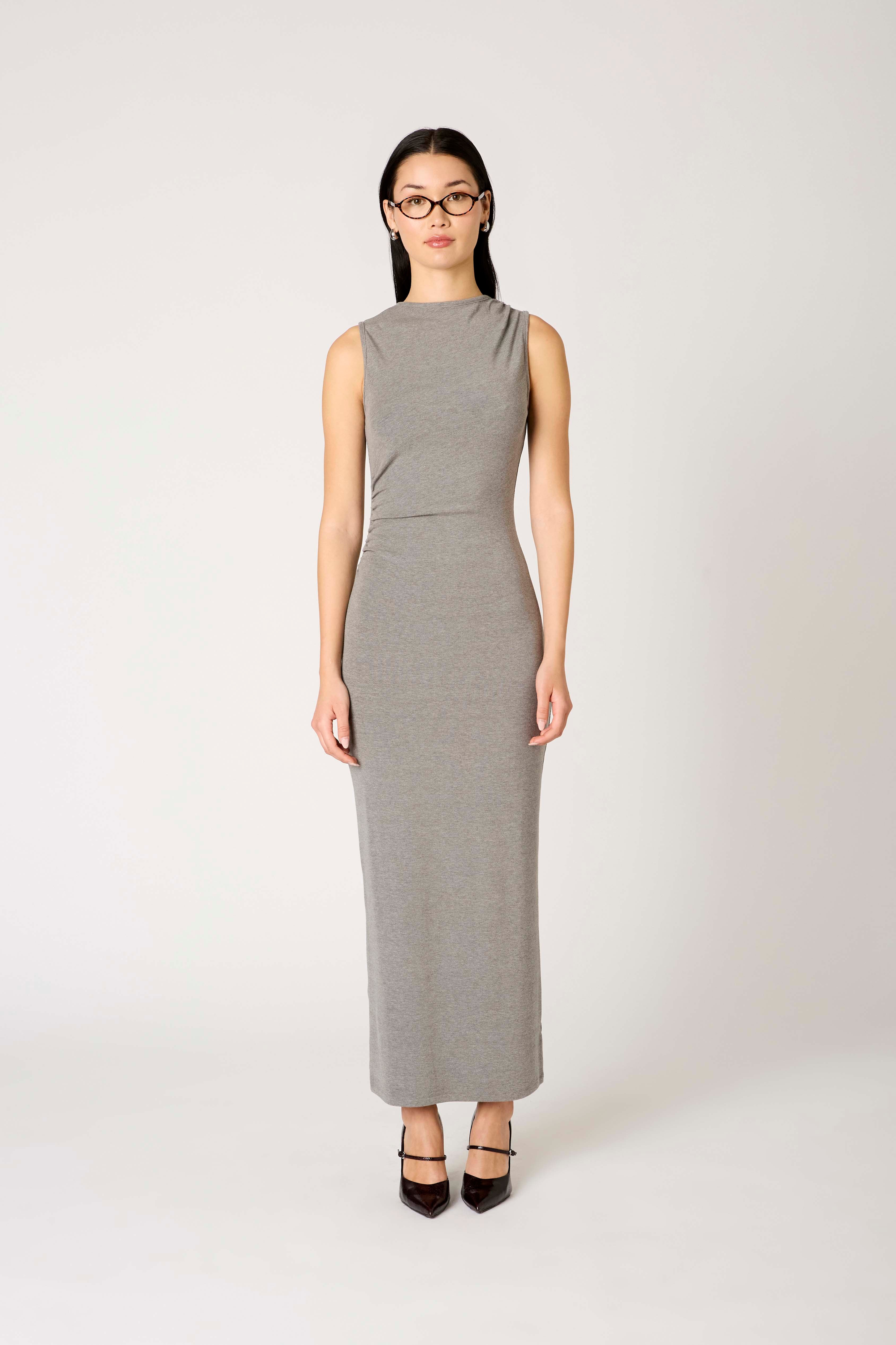 Lilia Dress in heather grey front view