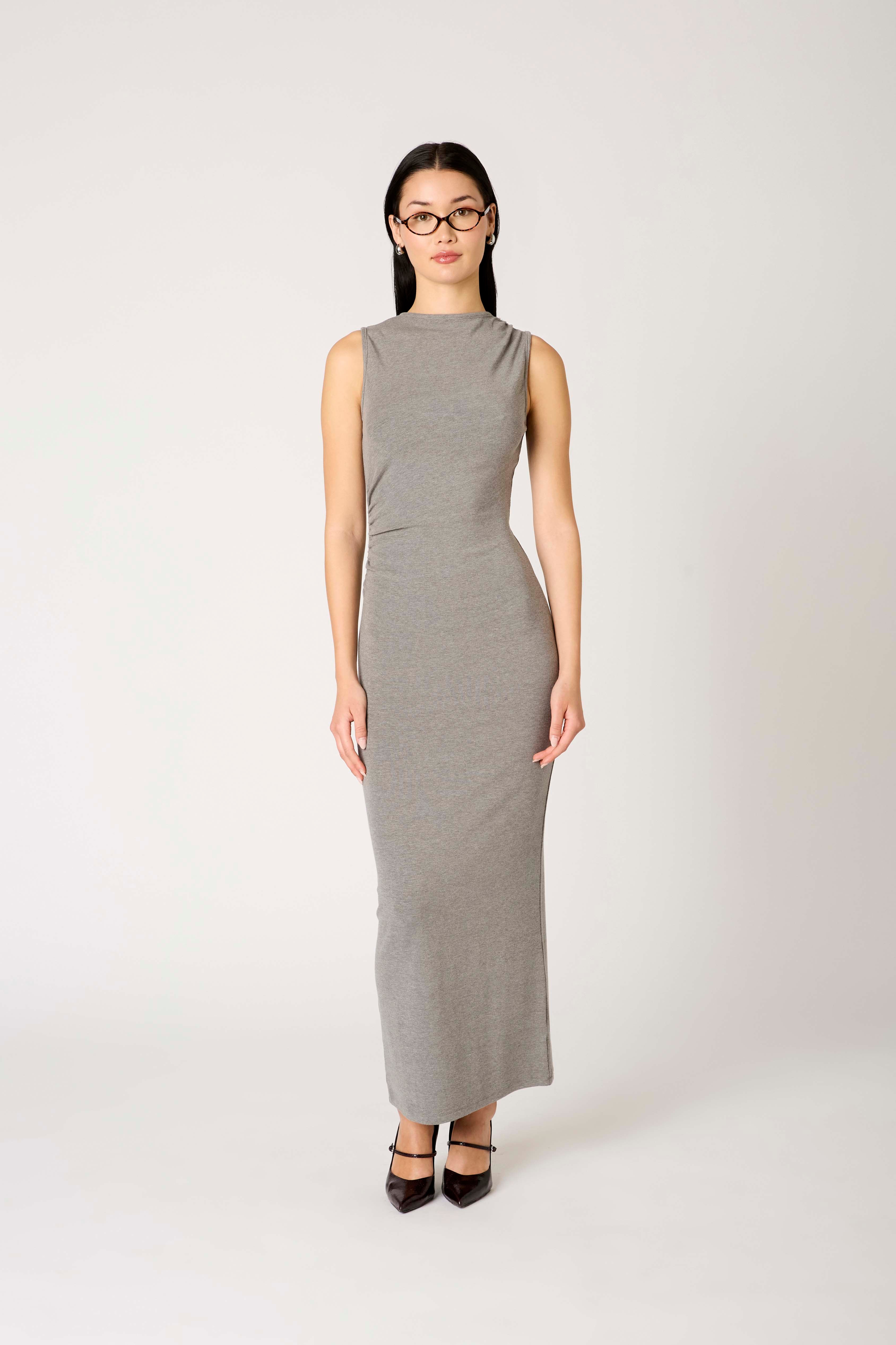 Lilia Dress in heather grey front view