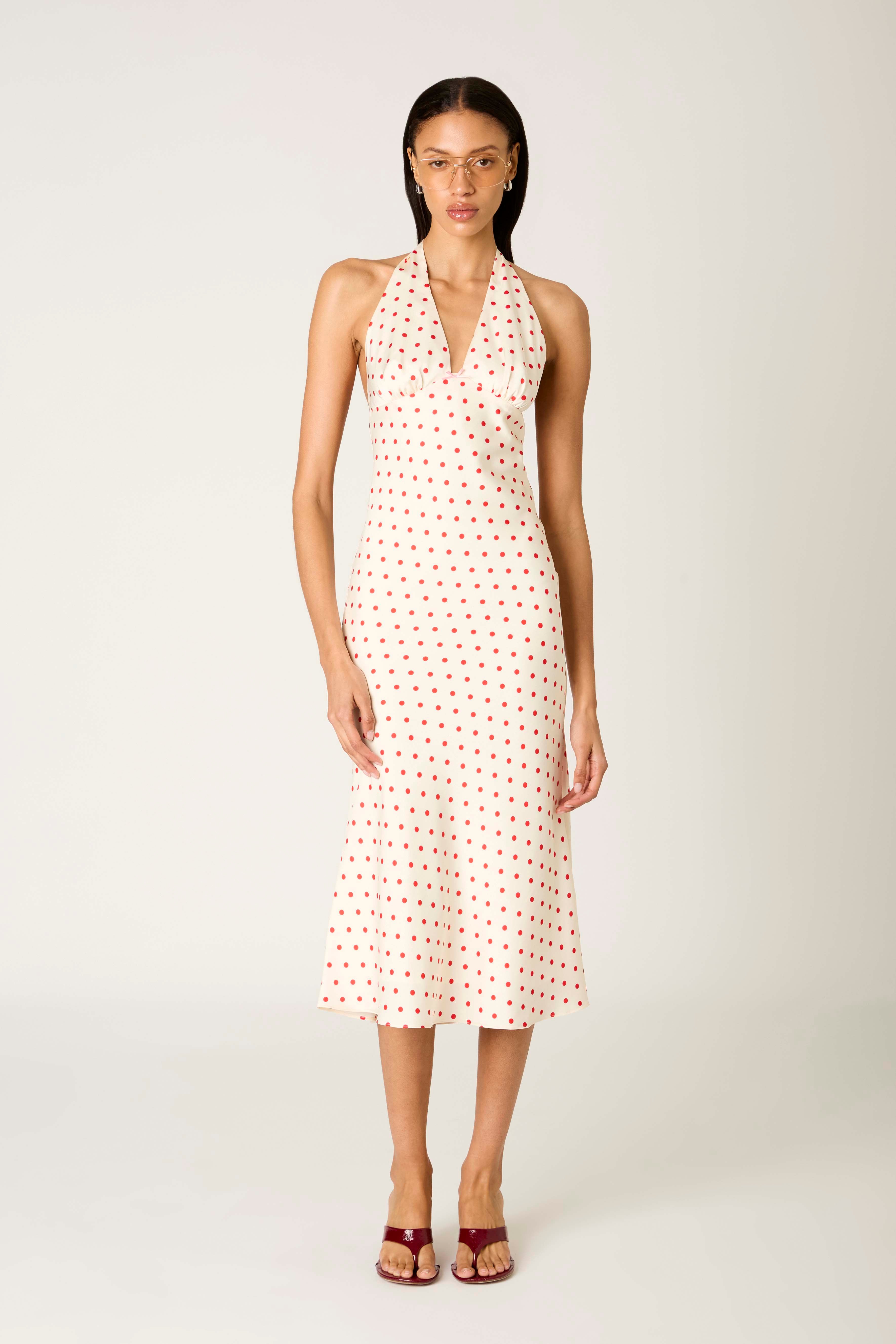 La Brea Dress in ivory/cherry front view