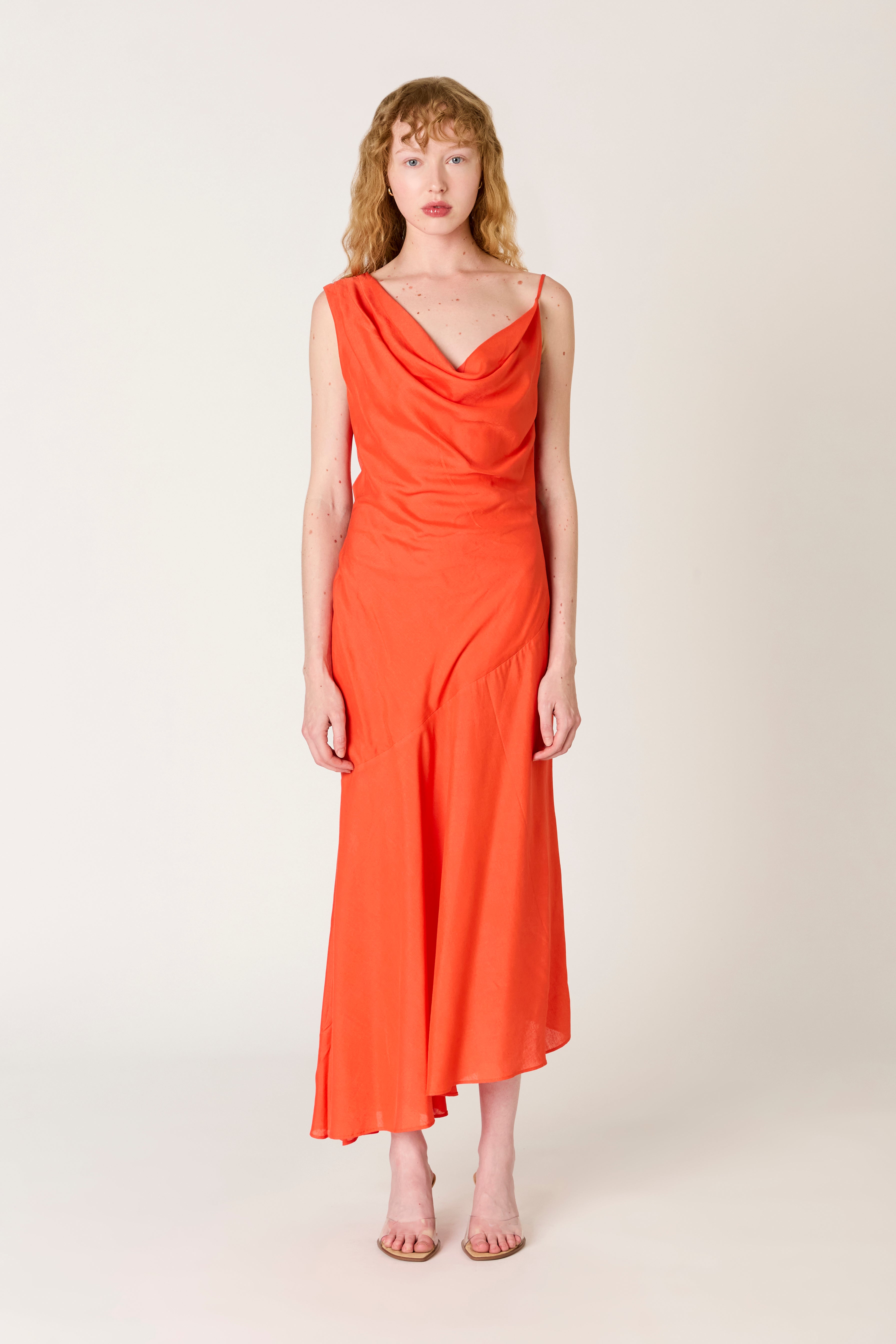 Cielo Dress in coral red front view