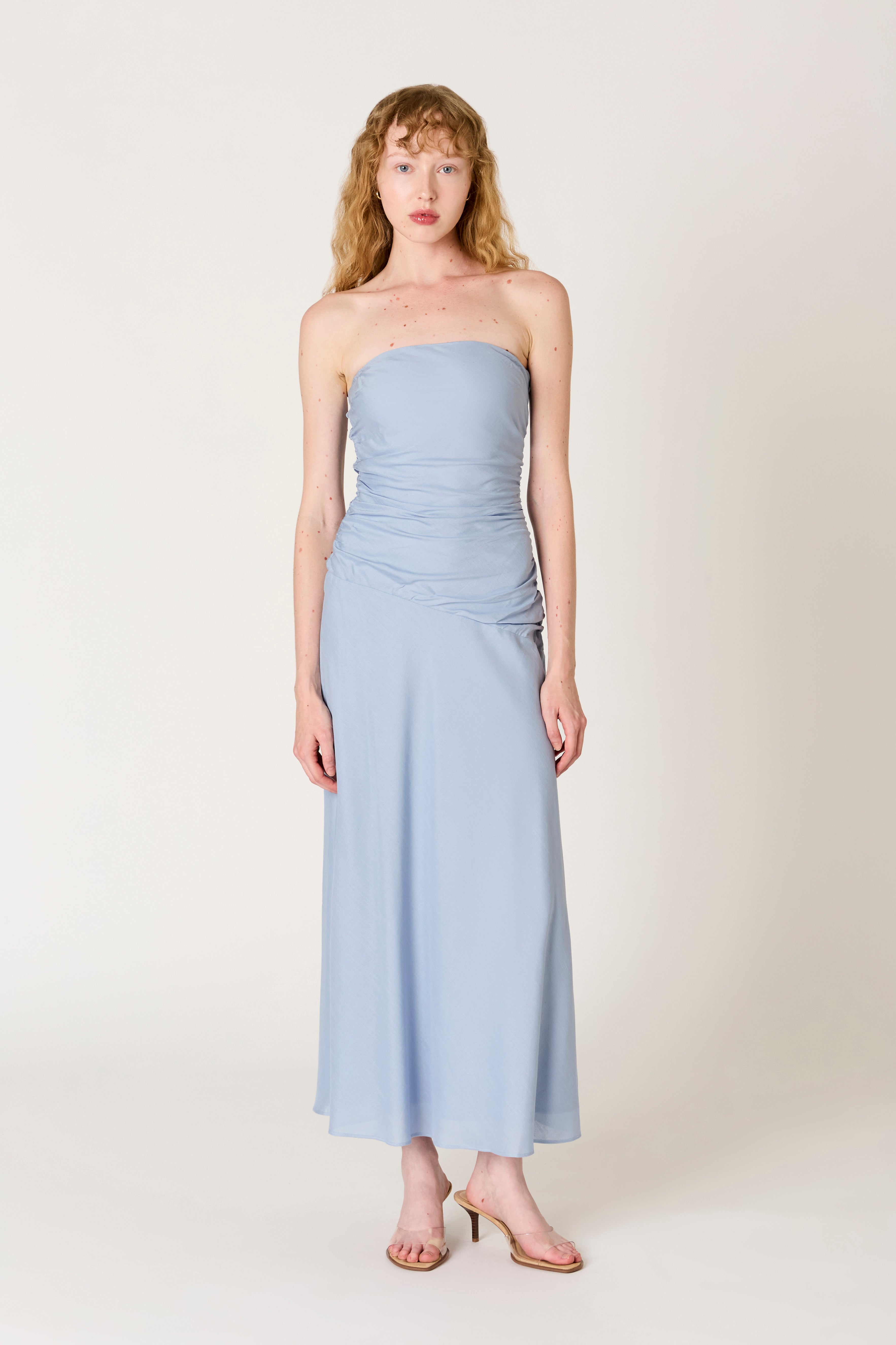Caricia Dress in slate blue front view 