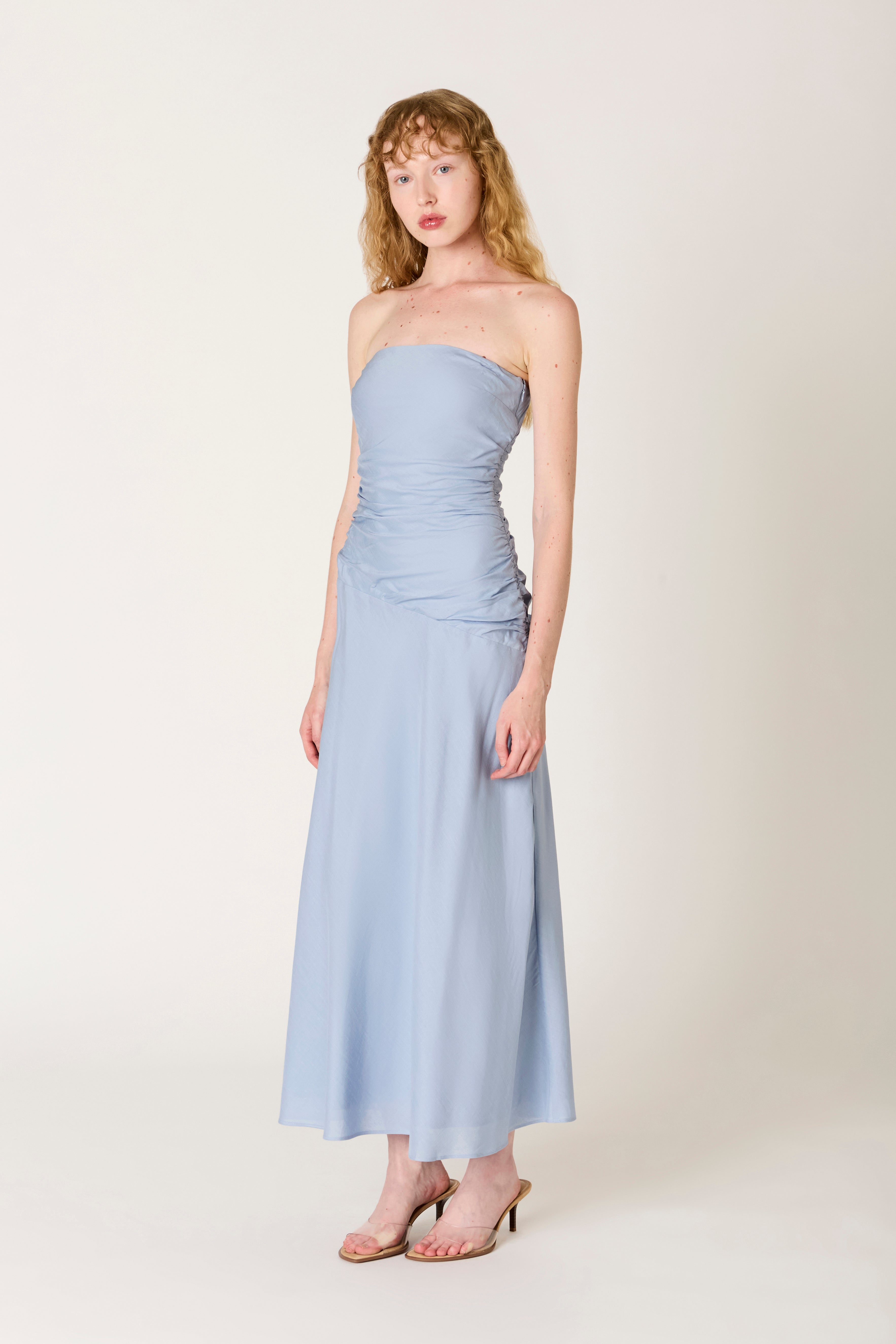 Caricia Dress in slate blue side view 