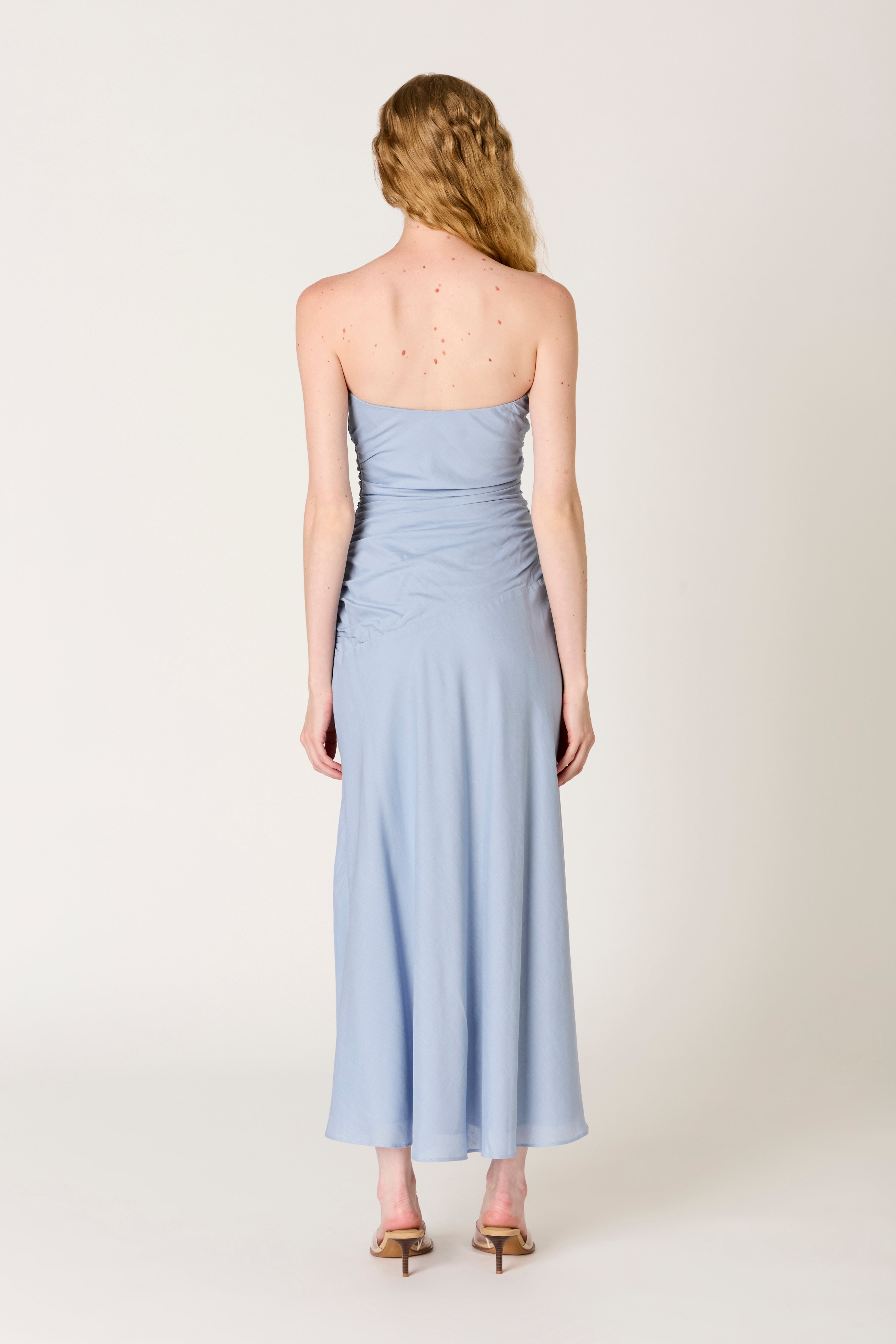 Caricia Dress in slate blue back view 