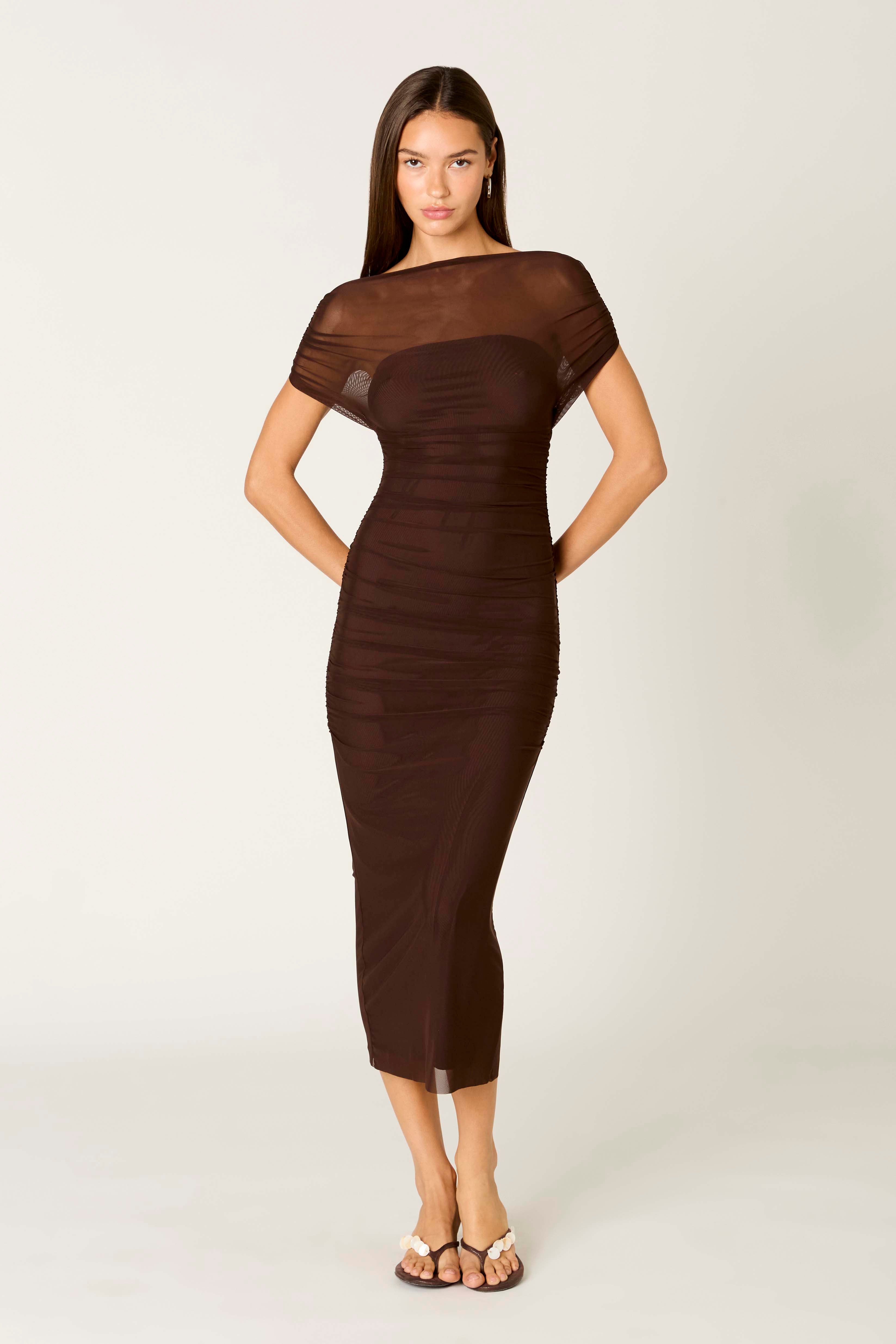 Aria Dress in chocolate front view