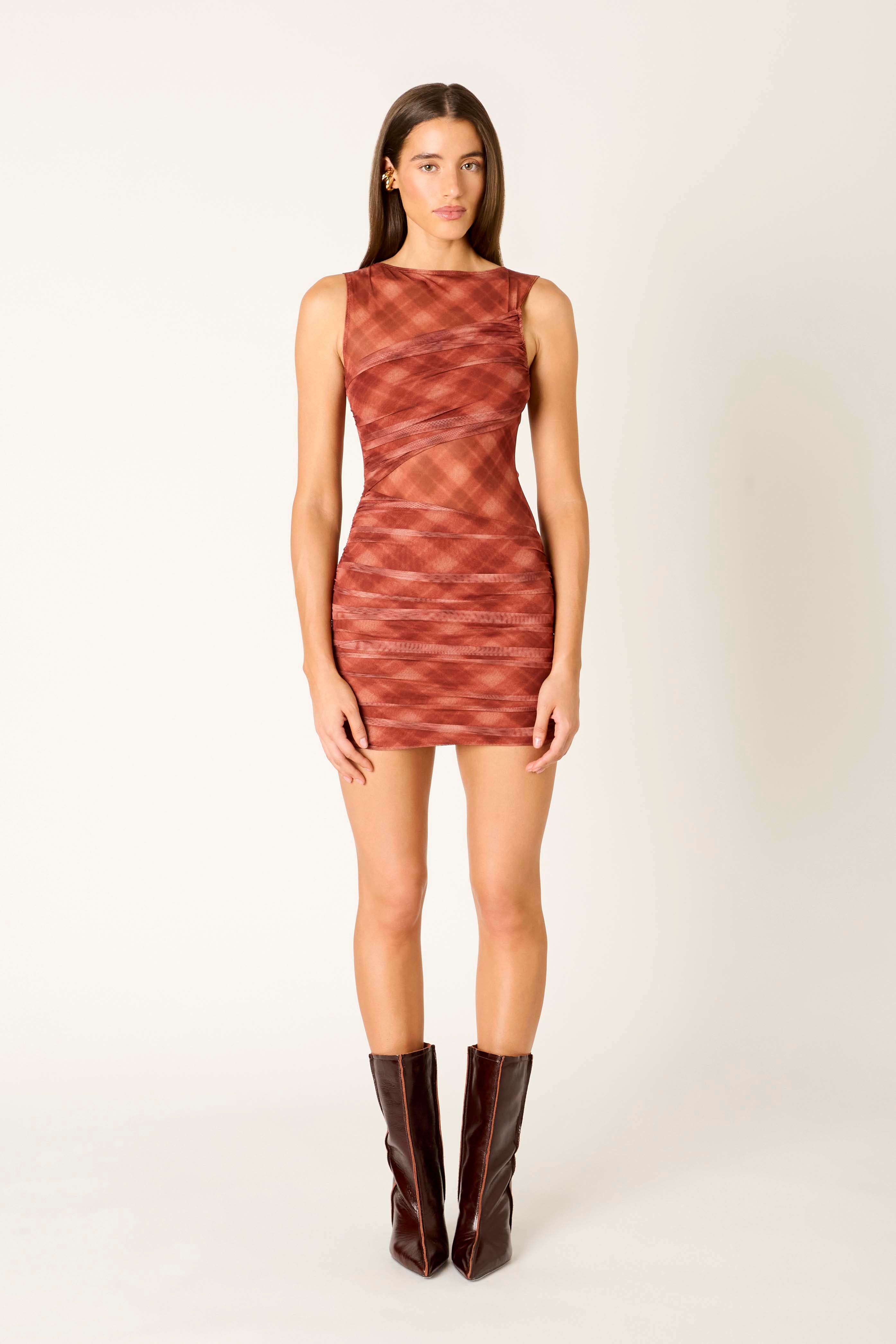 Tempest Dress in cinnamon front view