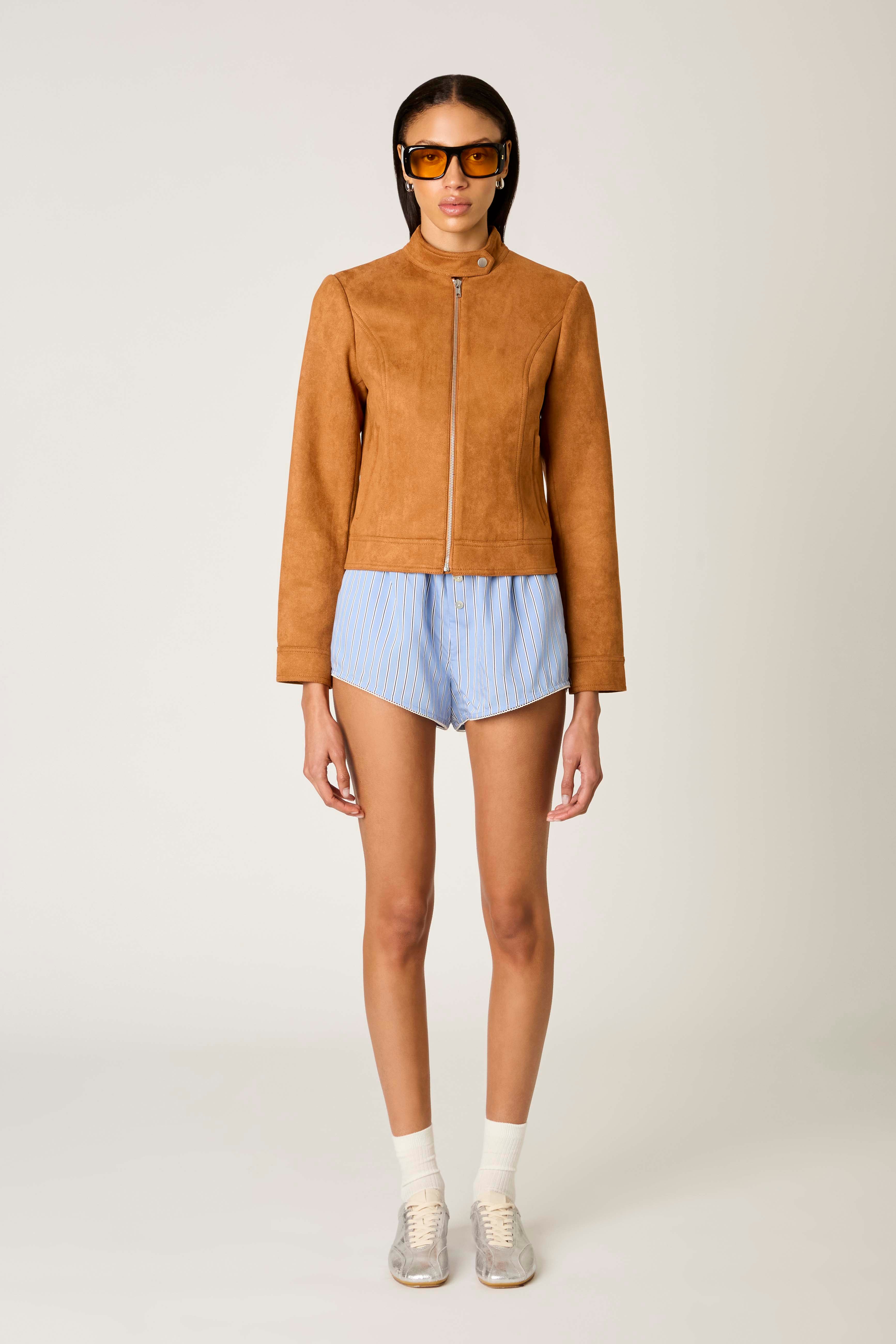 Effie Moto Jacket in tan front view