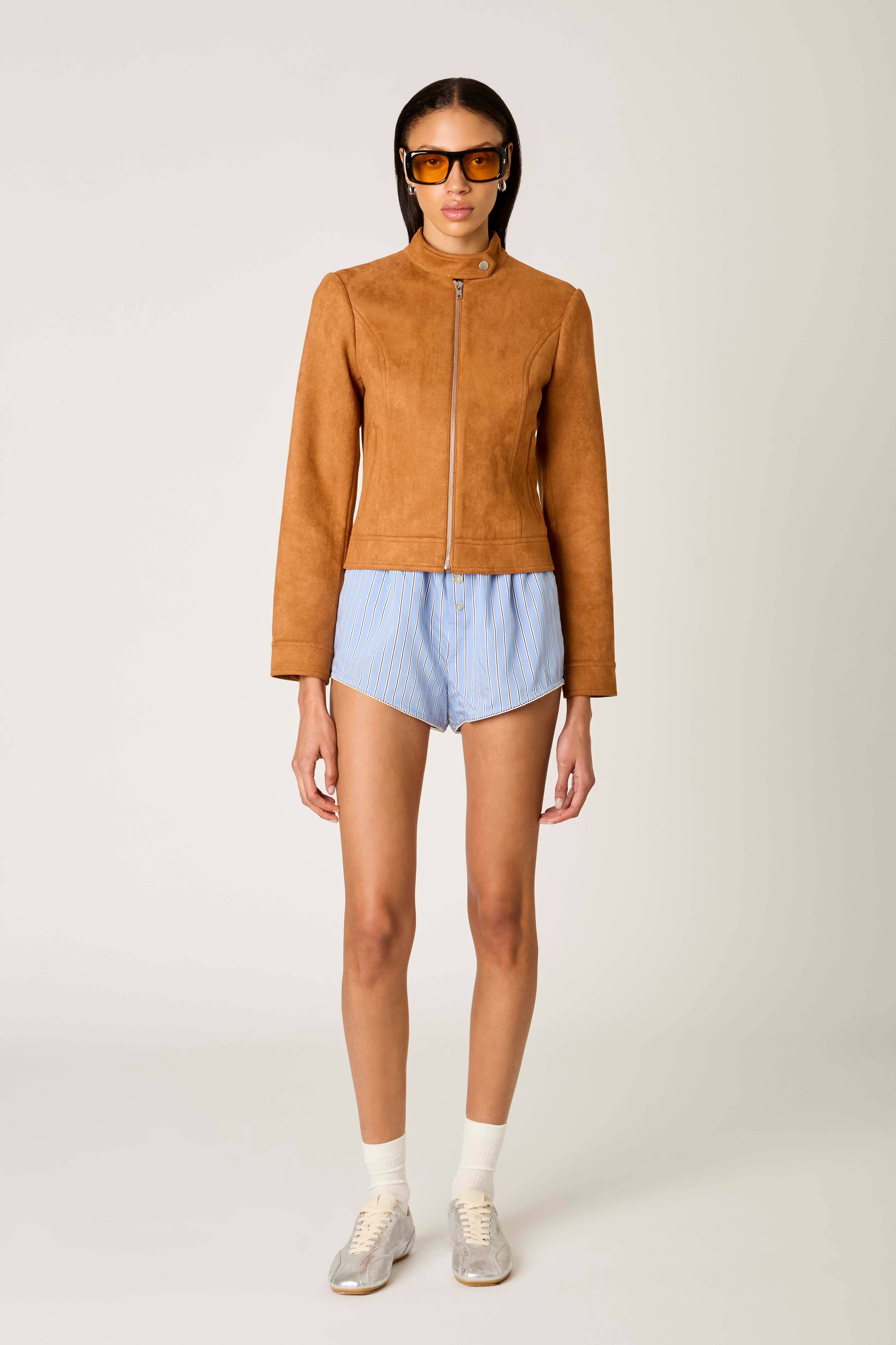 Effie Moto Jacket in tan front view