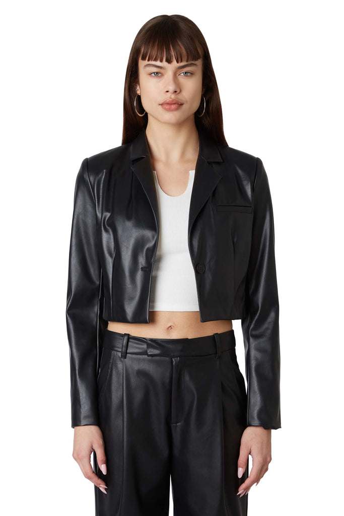 Cropped Vegan Leather Blazer in black front view