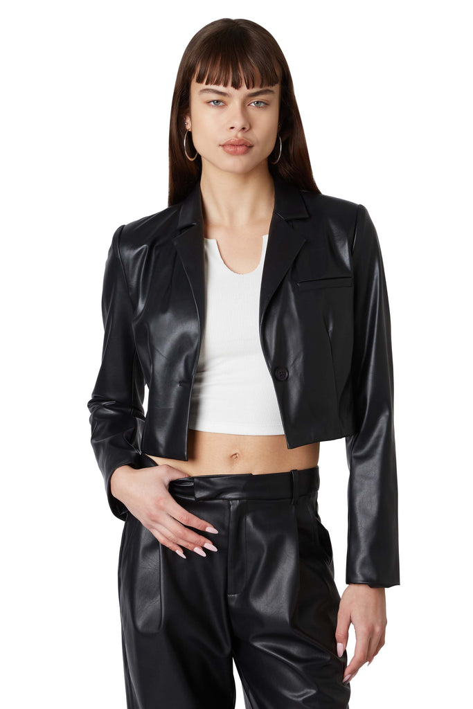 Cropped Vegan Leather Blazer in black front view 2