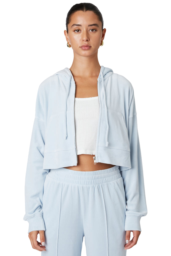 Chambray velour cropped jacket front