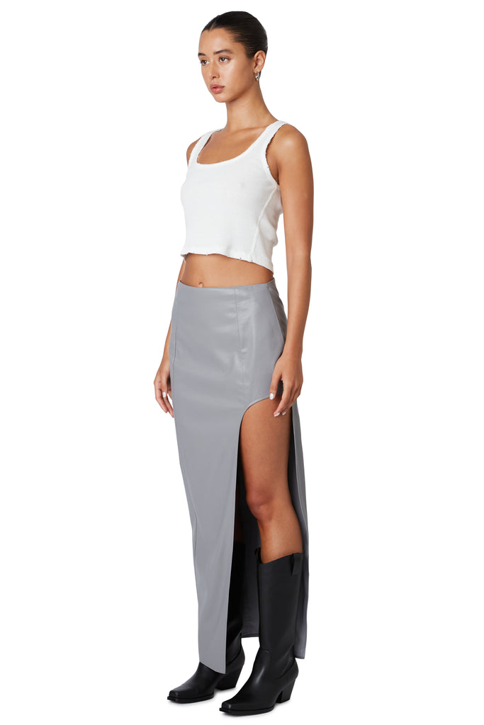 Gray leather skirt with side cut out side