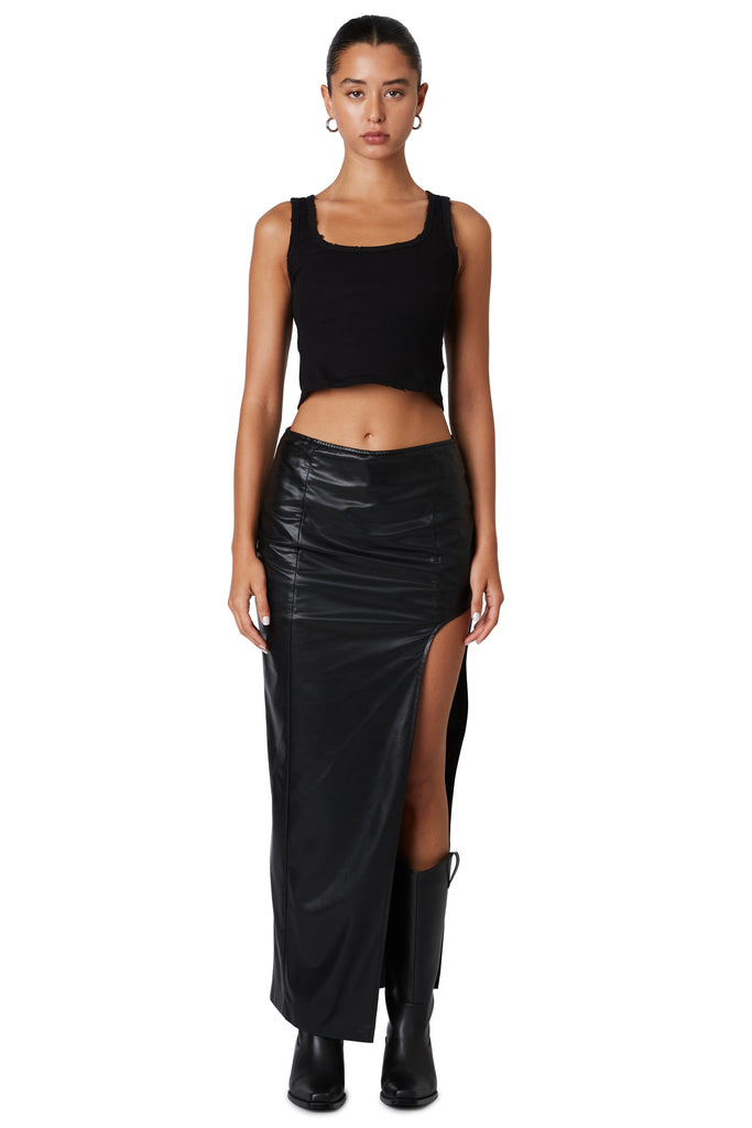 Black leather skirt with side cut out front