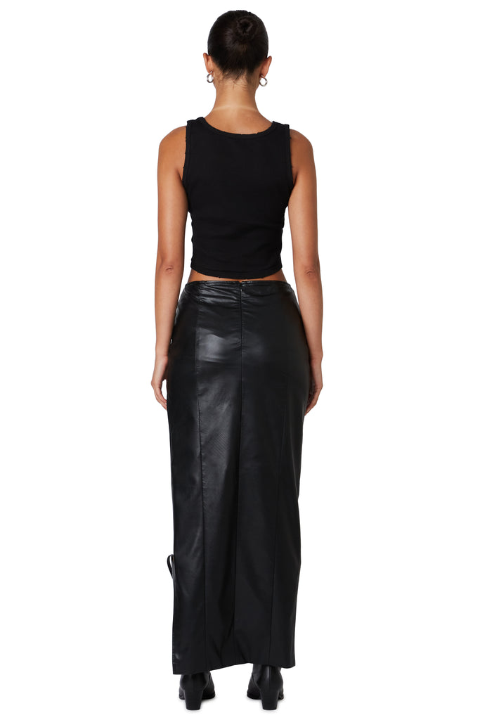 Black leather skirt with side cut out back