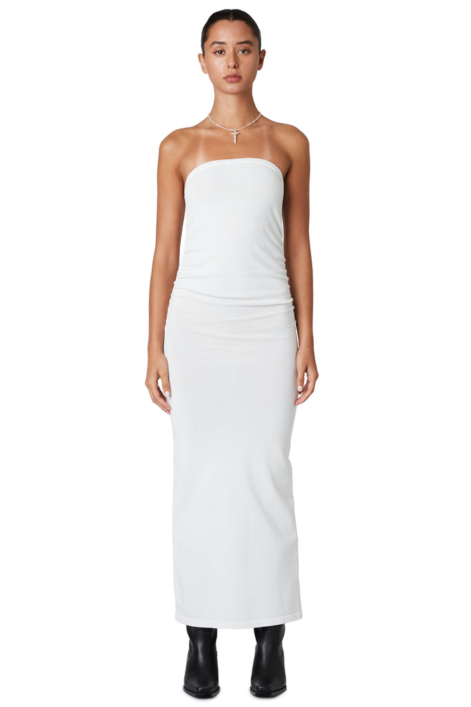 strapless midi dress in white front
