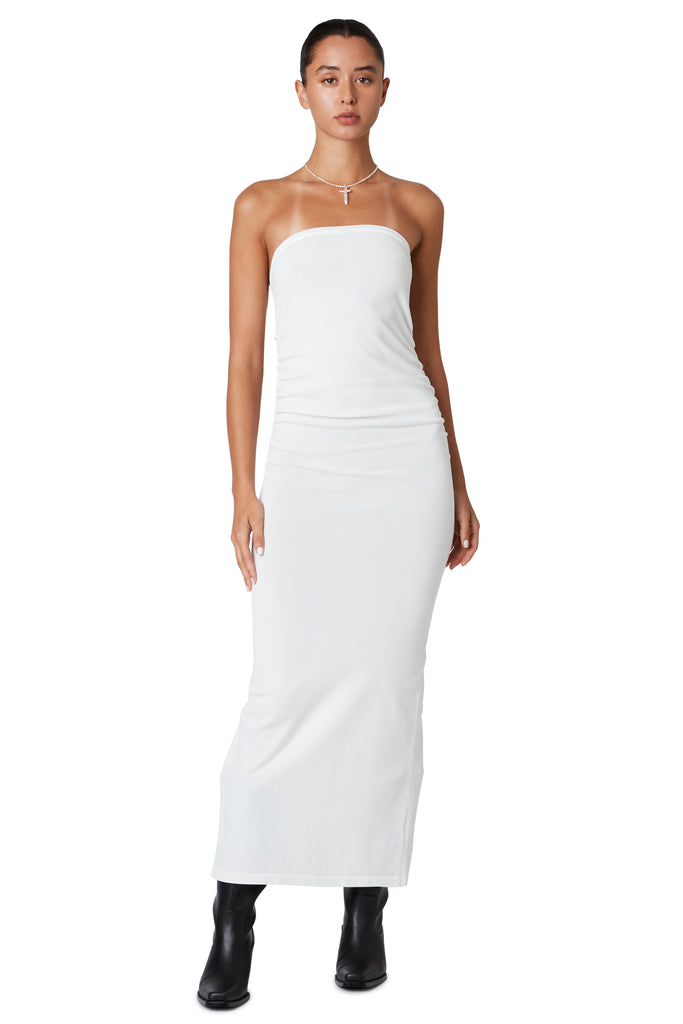 strapless midi dress in white front 2