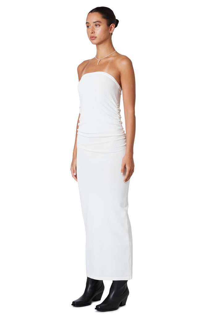 strapless midi dress in white side