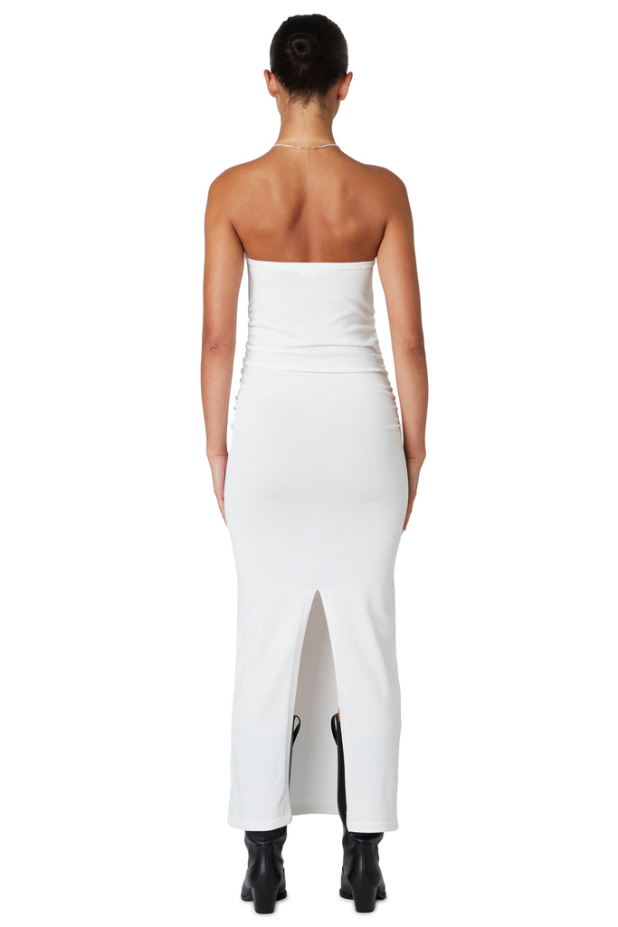 strapless midi dress in white back