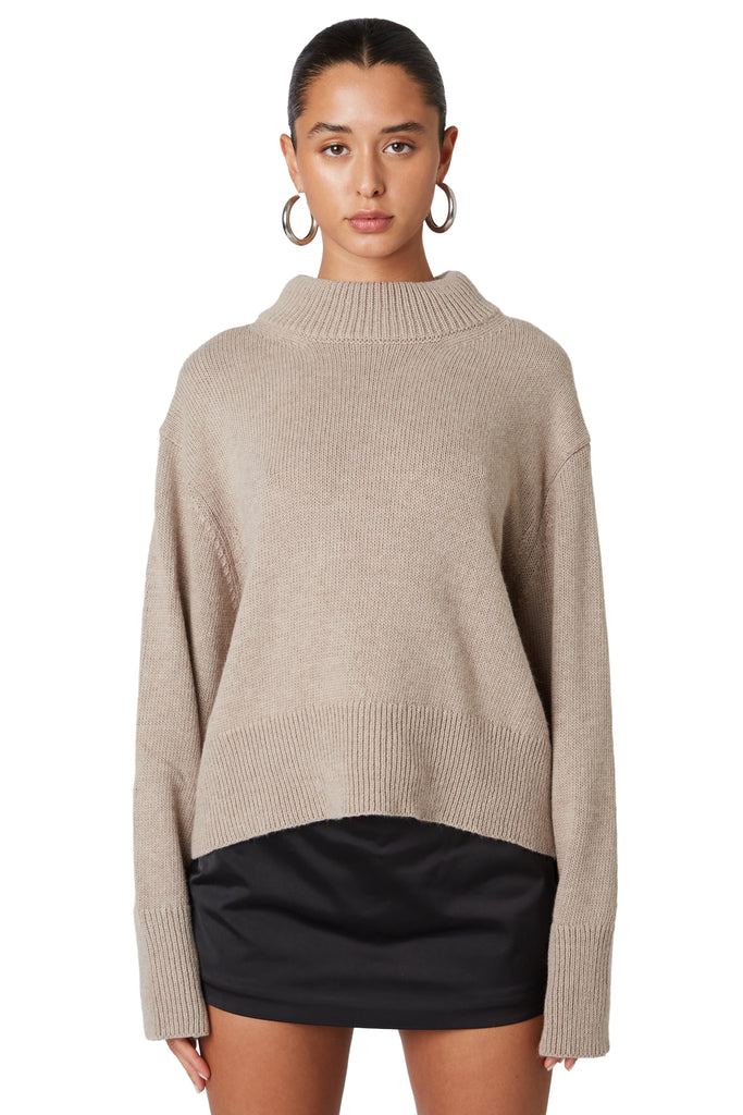 Taupe funnel neck sweater front