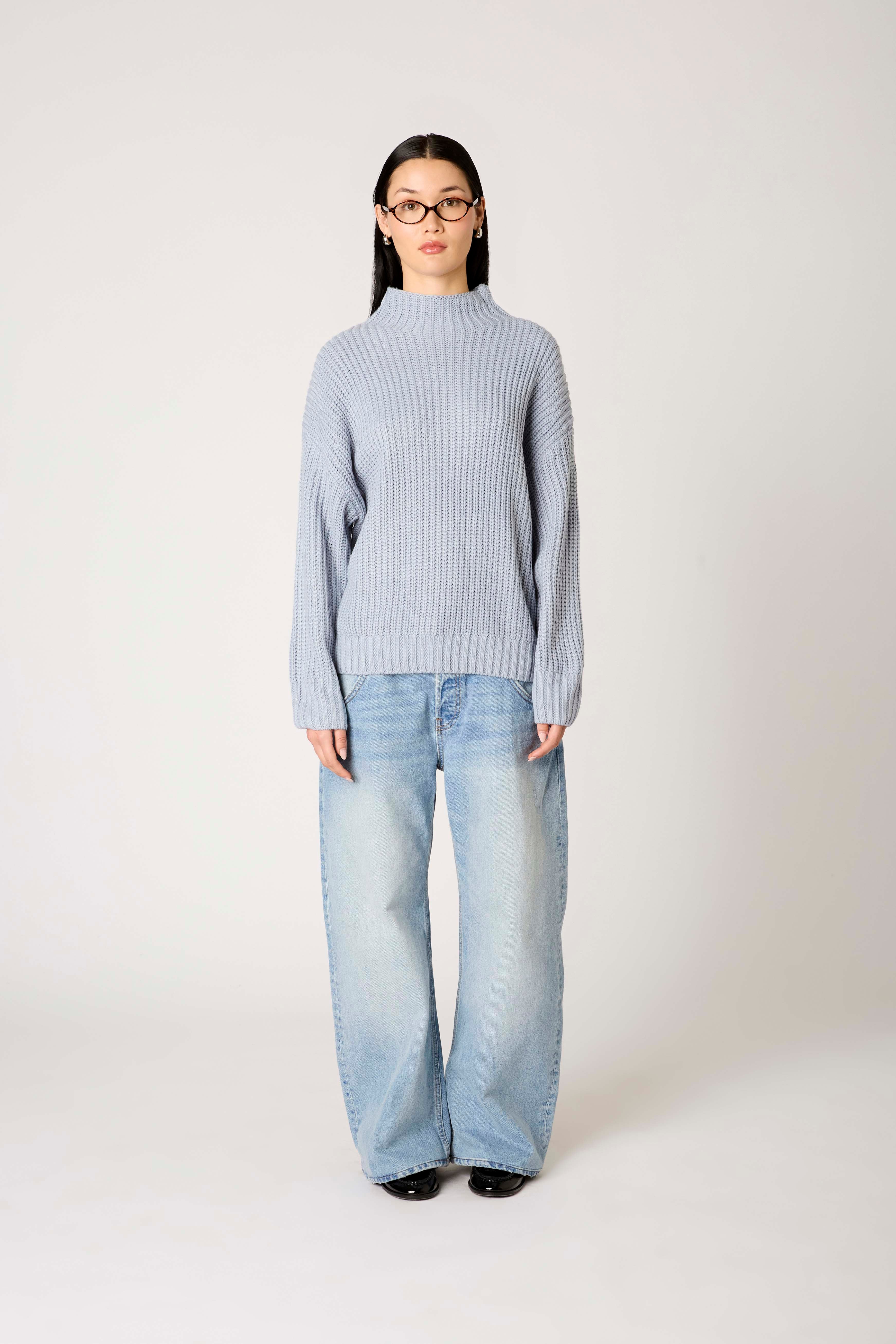 Idyllwild Sweater in dusty blue front view