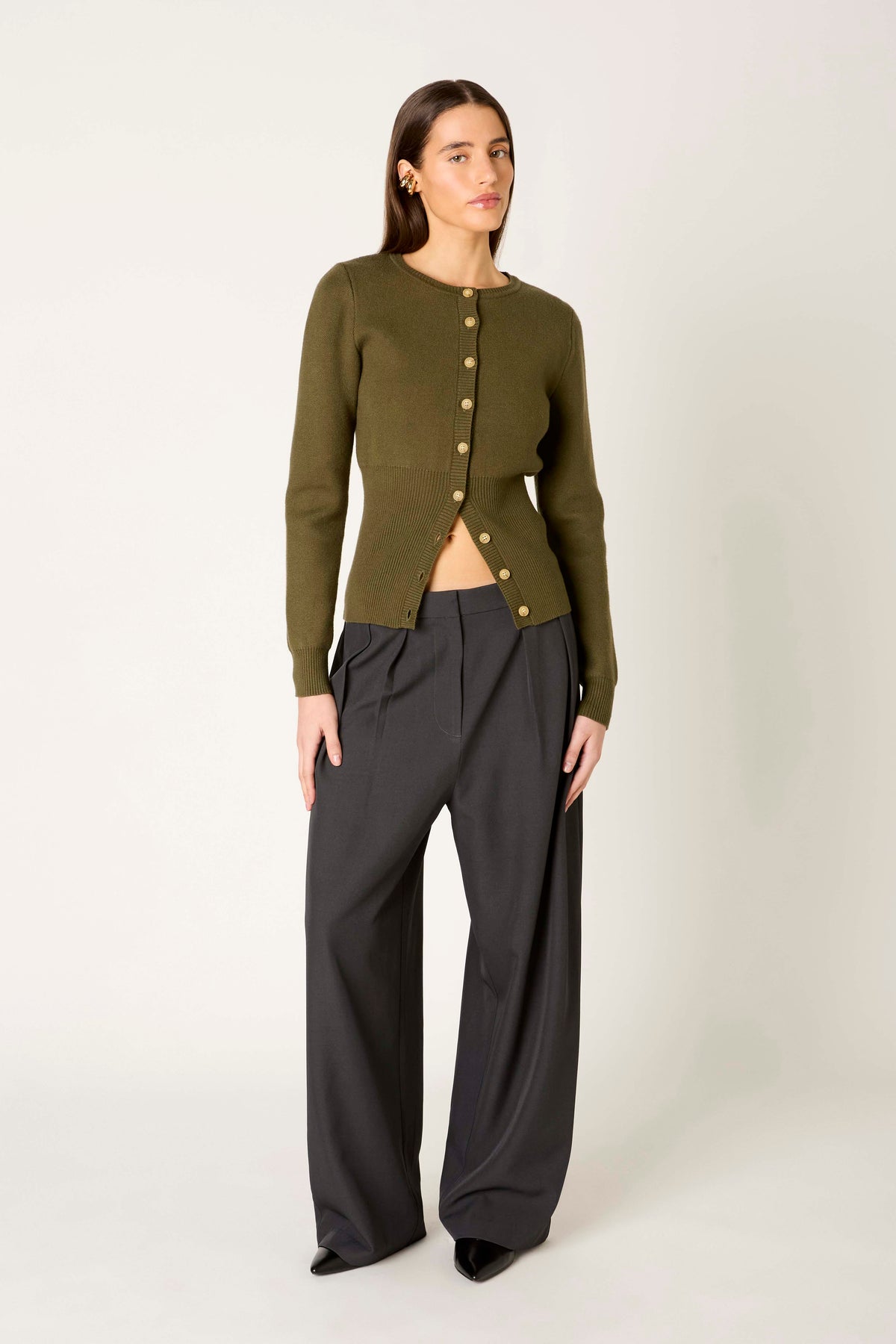 Sophia Cardigan in olive front view