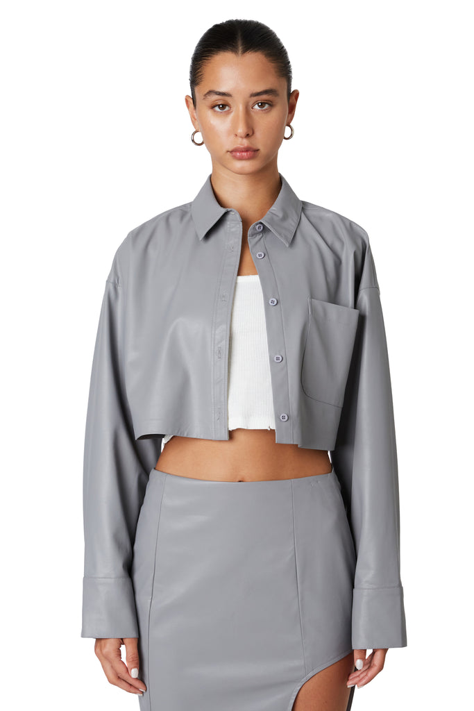 Gray cropped leather shirt front