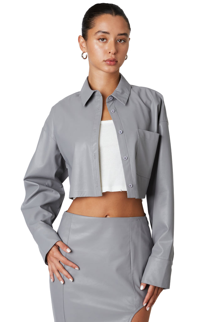 Gray cropped leather shirt front 2