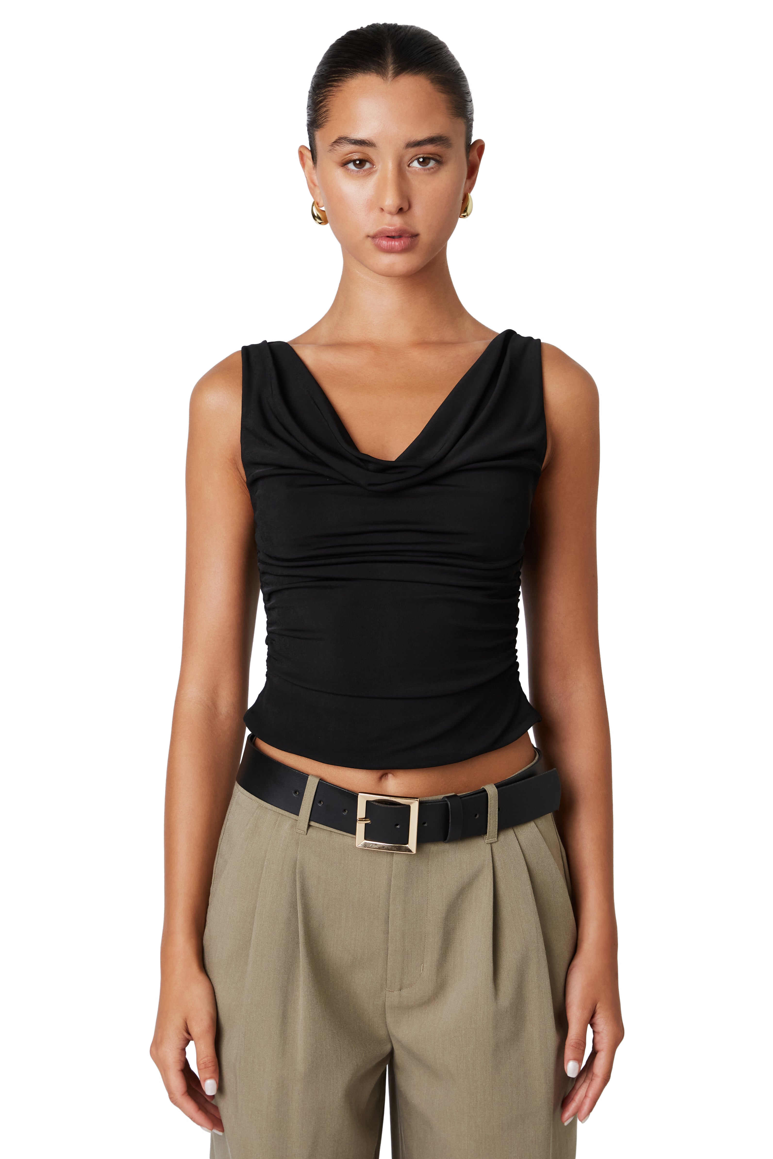 Black cowl neck tank top front