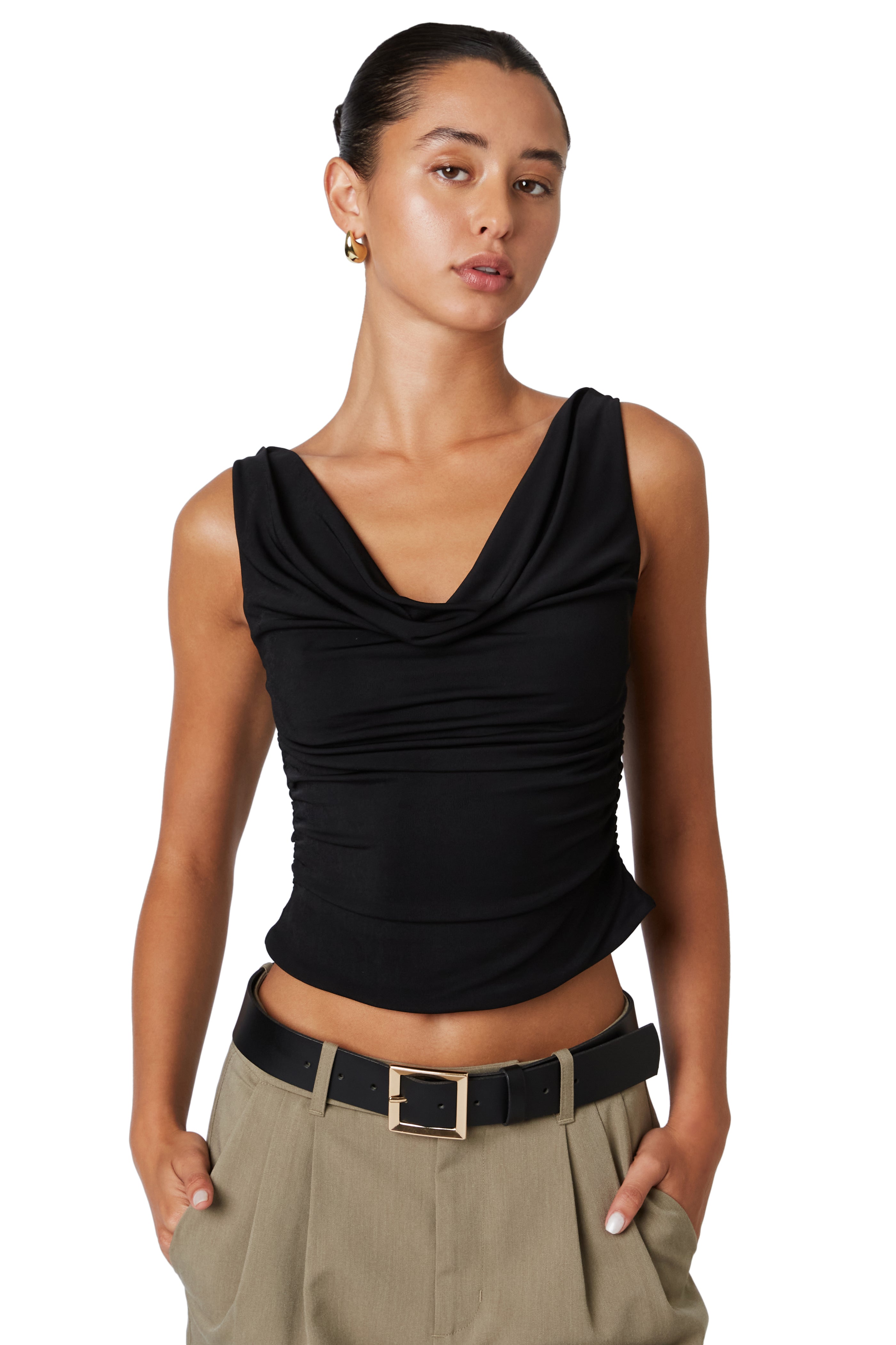 Black cowl neck tank top front