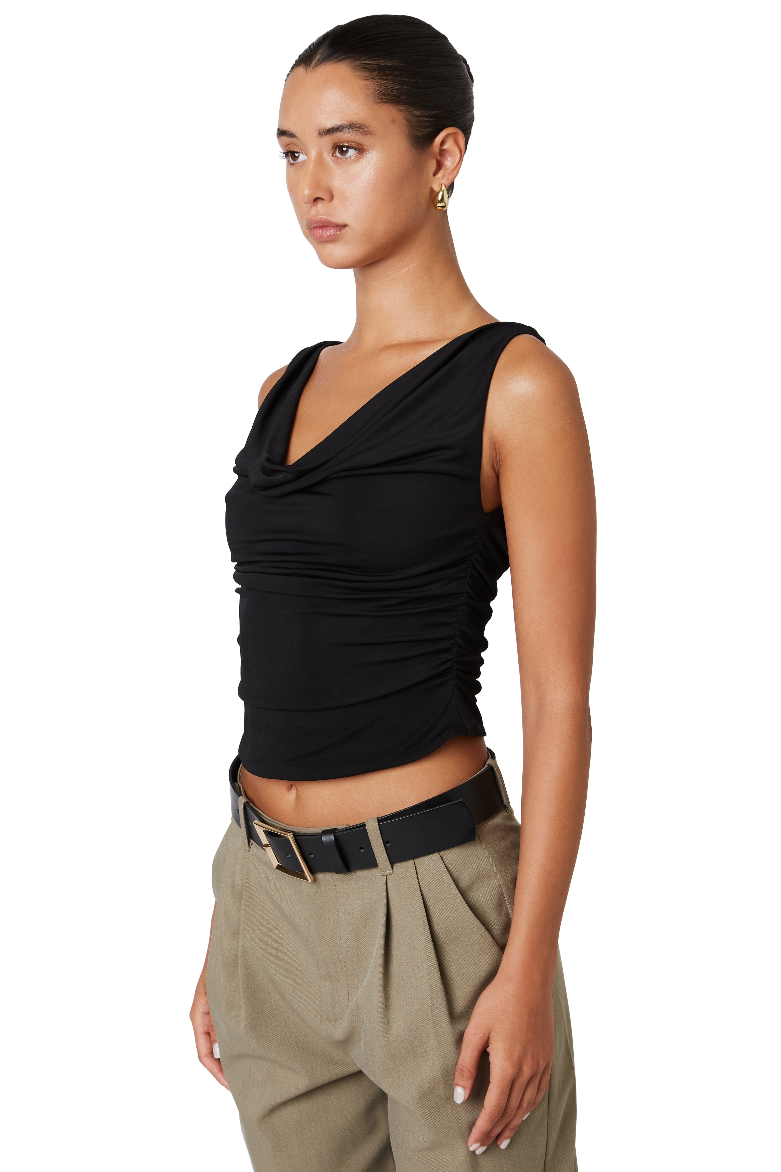 Black cowl neck tank top side