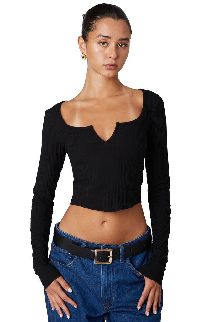 Black long sleeve crop top with v cut out front