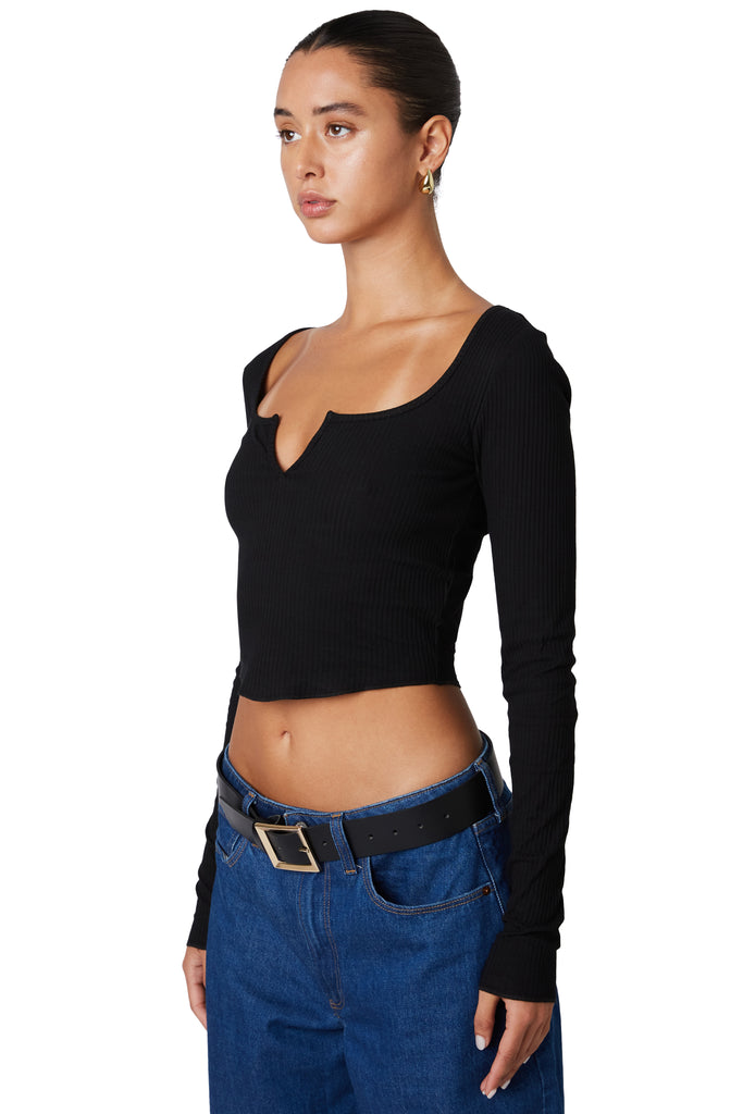 Black long sleeve crop top with v cut out side