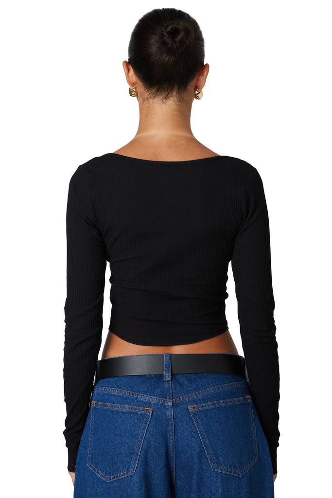 Black long sleeve crop top with v cut out back