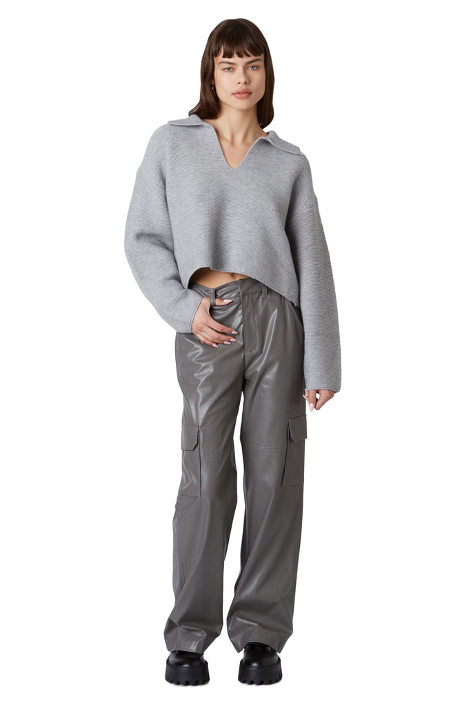 Vegan Leather Cargo Pant in grey front view 2