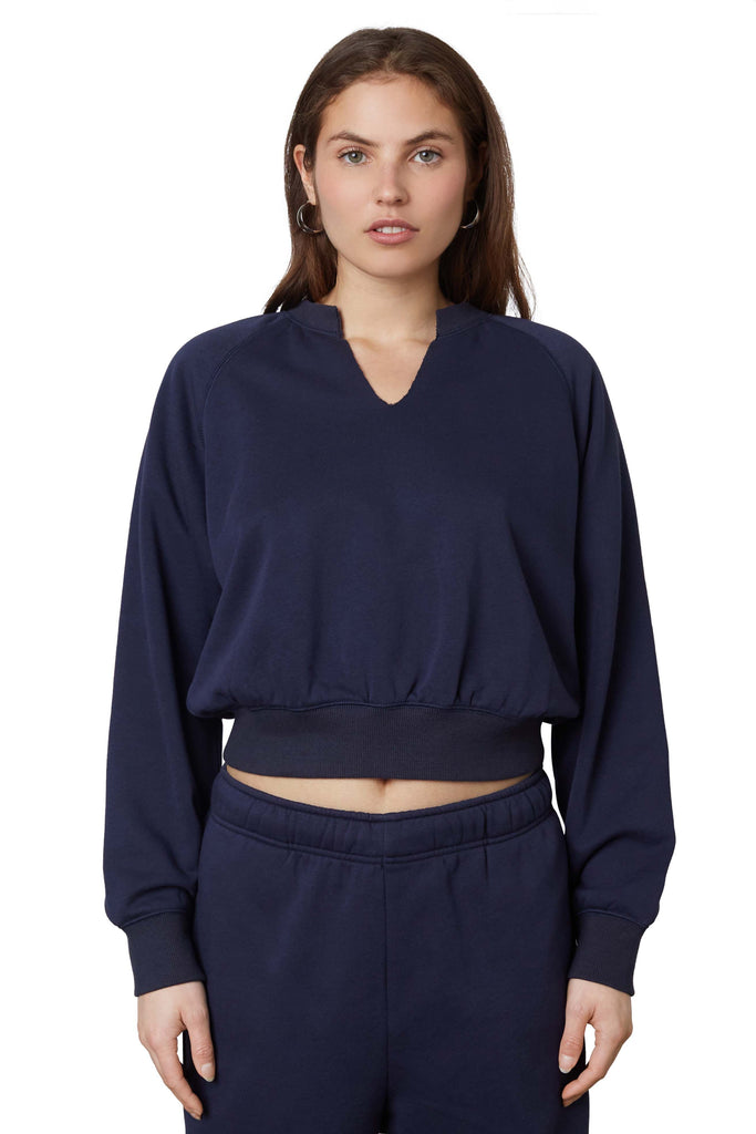 Cropped Notched Sweatshirt in Navy front 2 